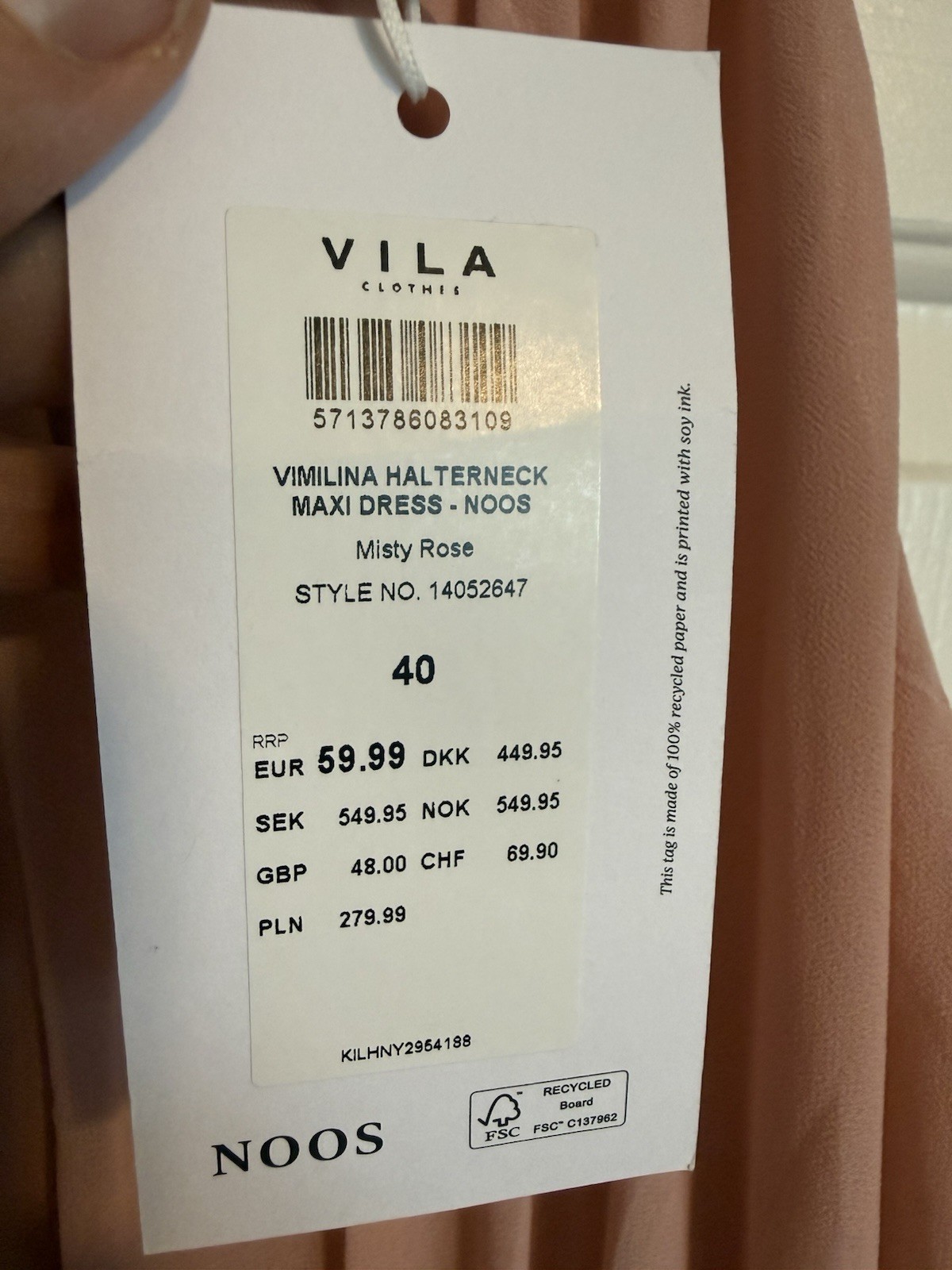 VILA Pink Halter Neck Chiffon Maxi Dress Lace Waist Zip Closure EU 40