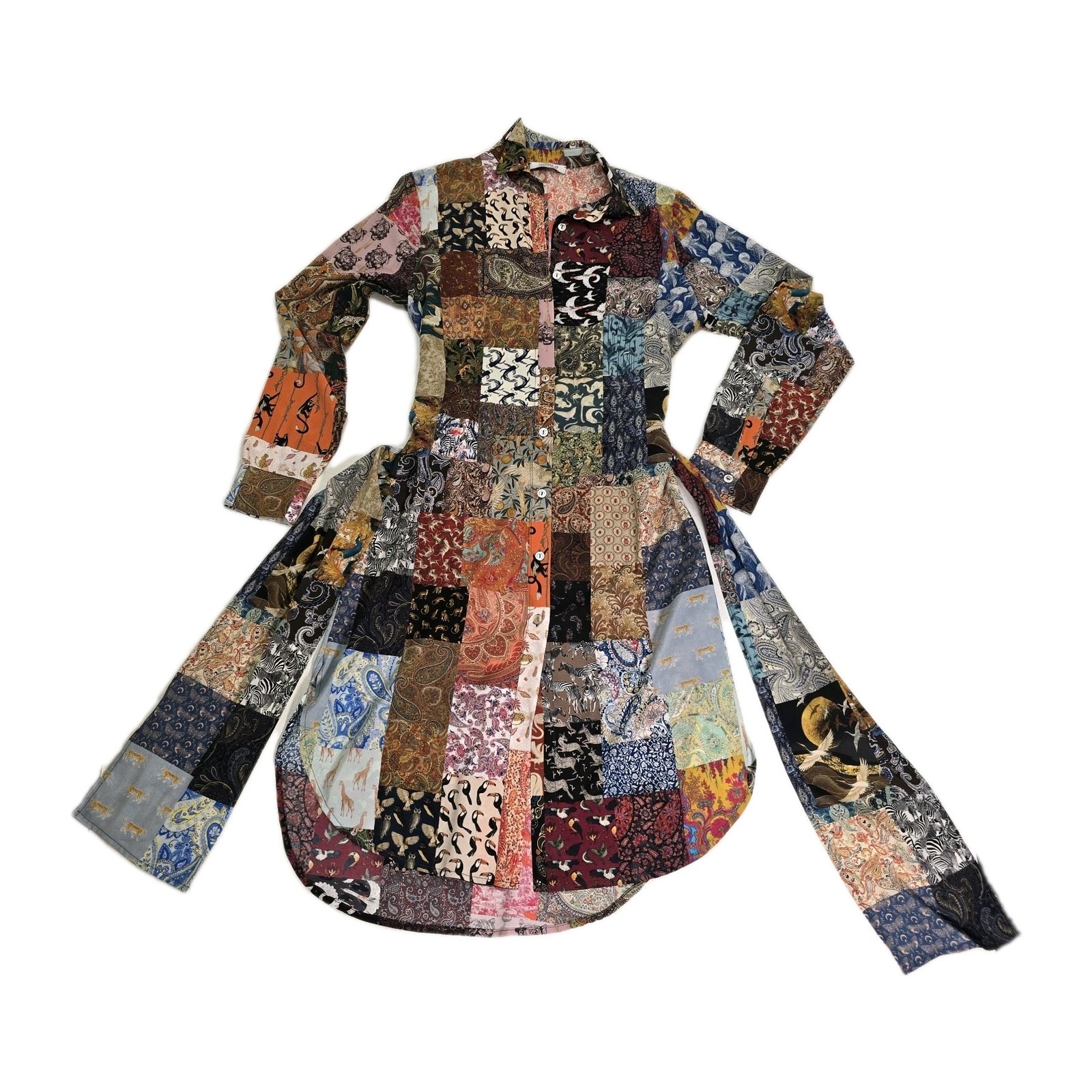 Unbreak.it Patchwork Silk Button Up Shirt Dress Small Tied Wild Animal Print