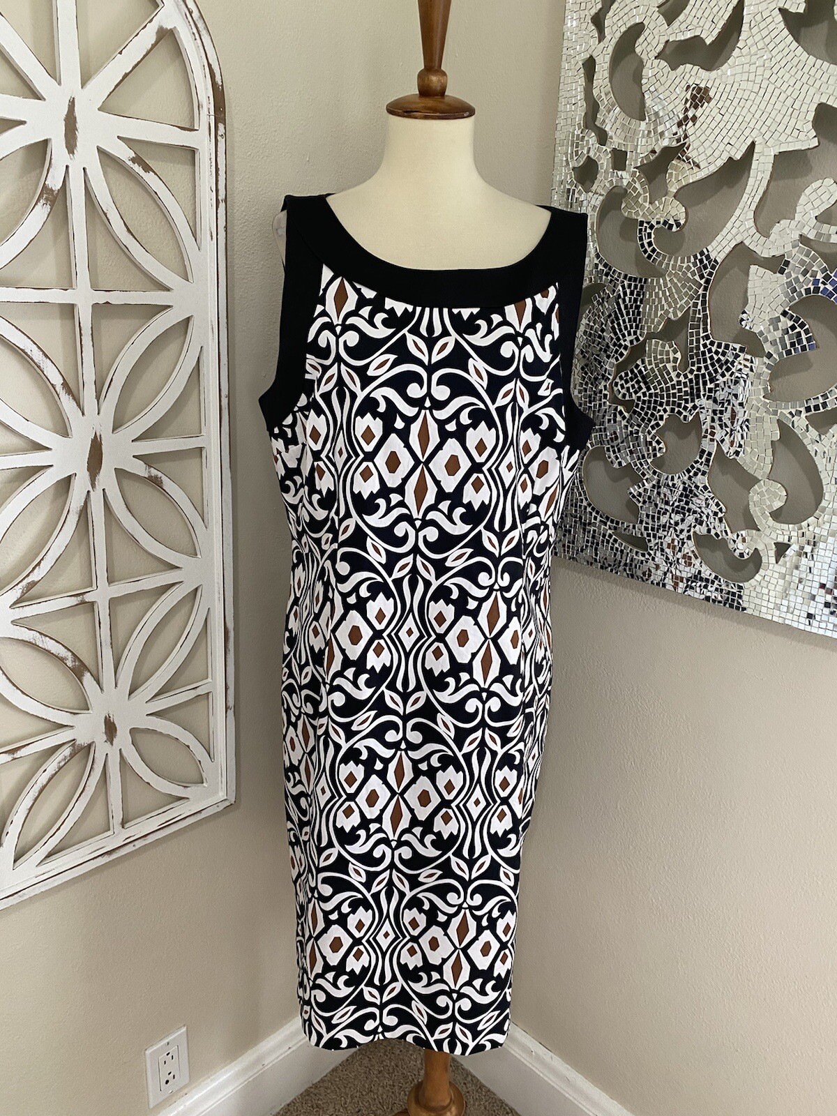 VTG Y2K TALBOTS size 16 BLACK BROWN WHITE SLEEVELESS STRETCH SHEATH DRESS