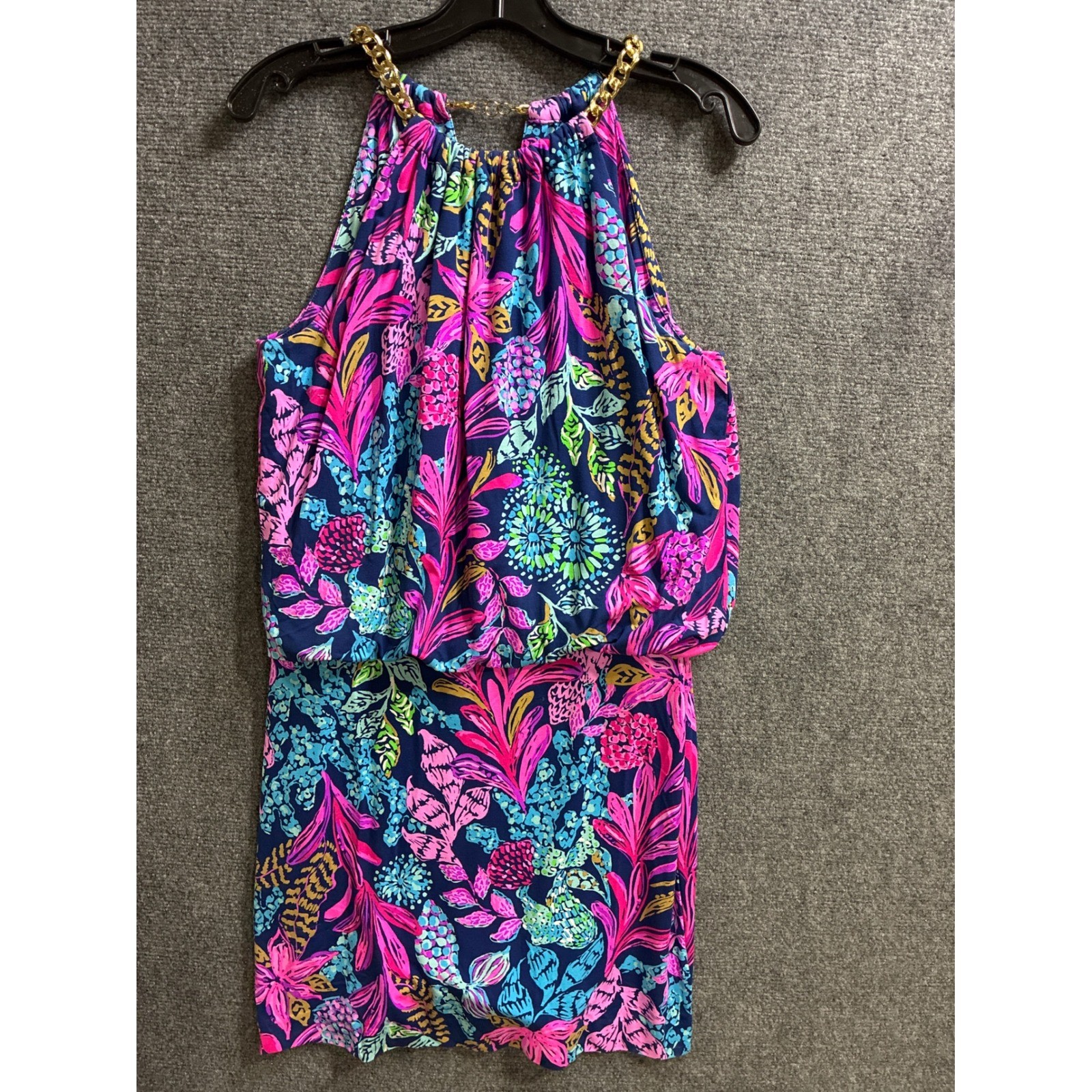Lilly Pulitzer Halter Dress Small Pink Blue Floral Gold Chain Blouson Tropical