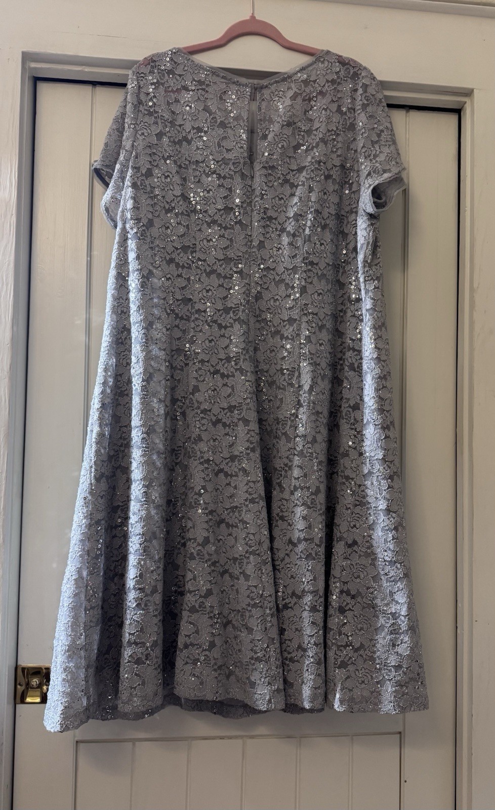 NWT SLNY Silver Lace Sequin Midi Dress Illusion Scoop Collar Size 24W for $30