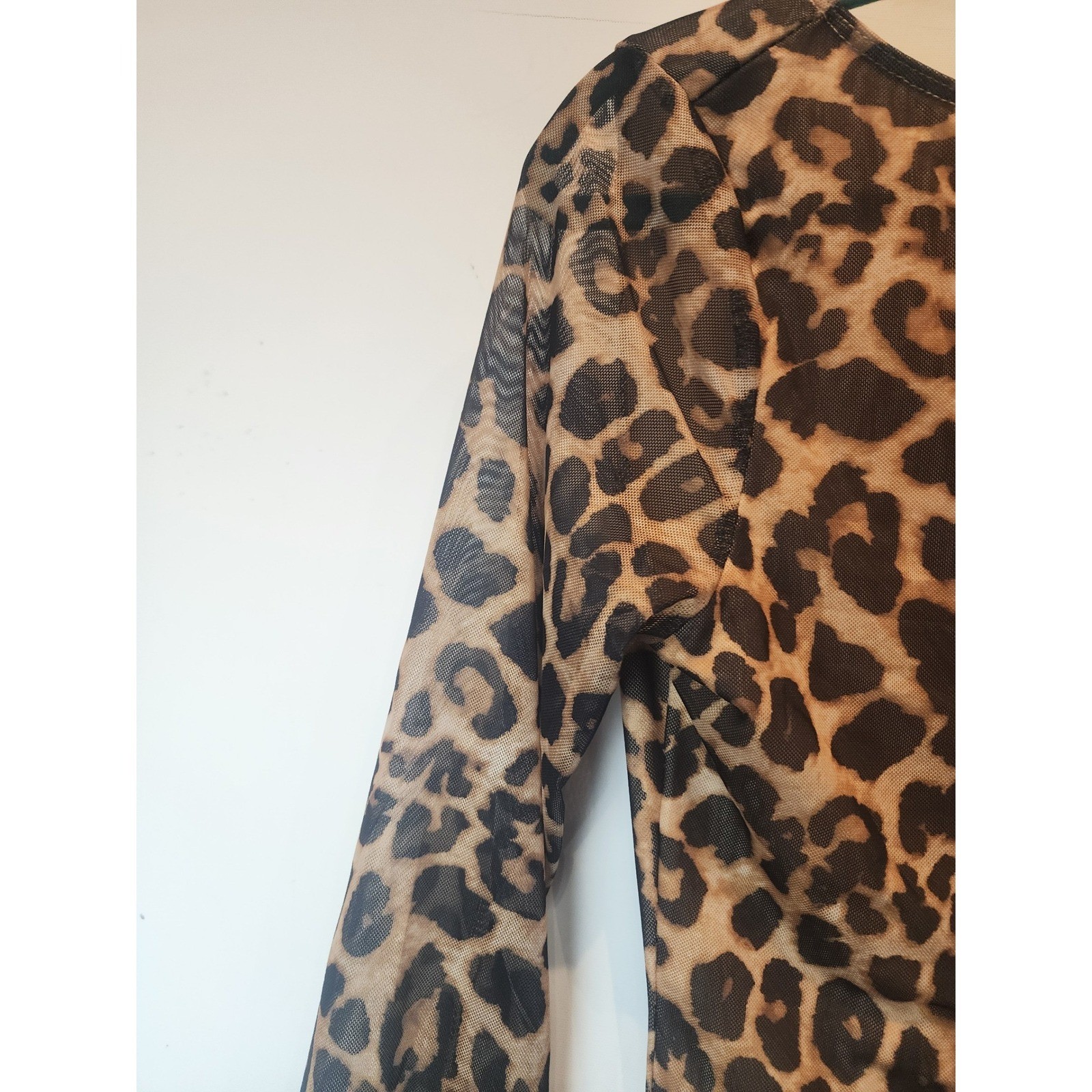 Leopard Mesh Low Back Mini Dress Long Sleeve Brown Tan Animal Print Womens S
