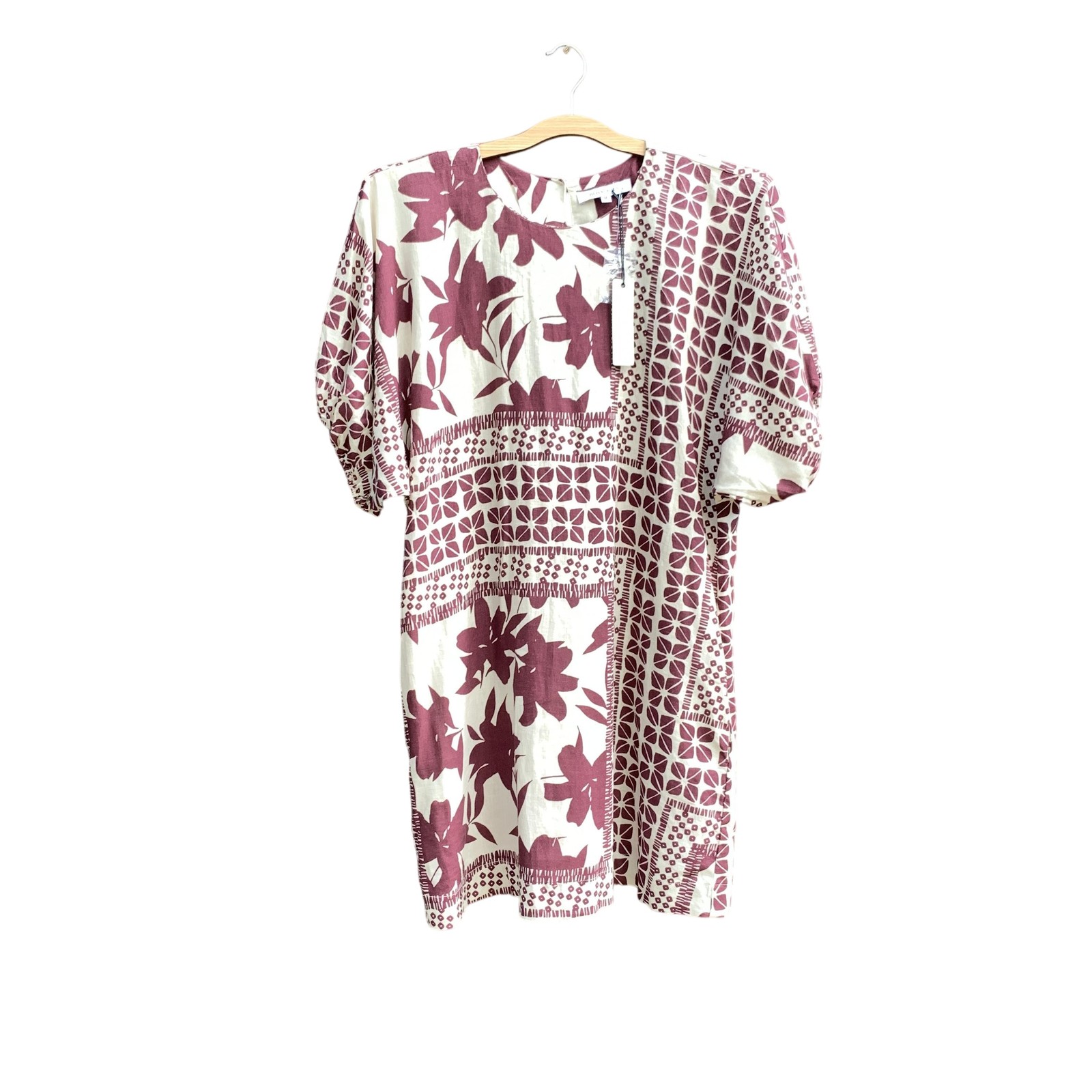 Olivaceous Dress Womens Medium Burgundy Floral Puff Sleeve Pockets Ivory Boho