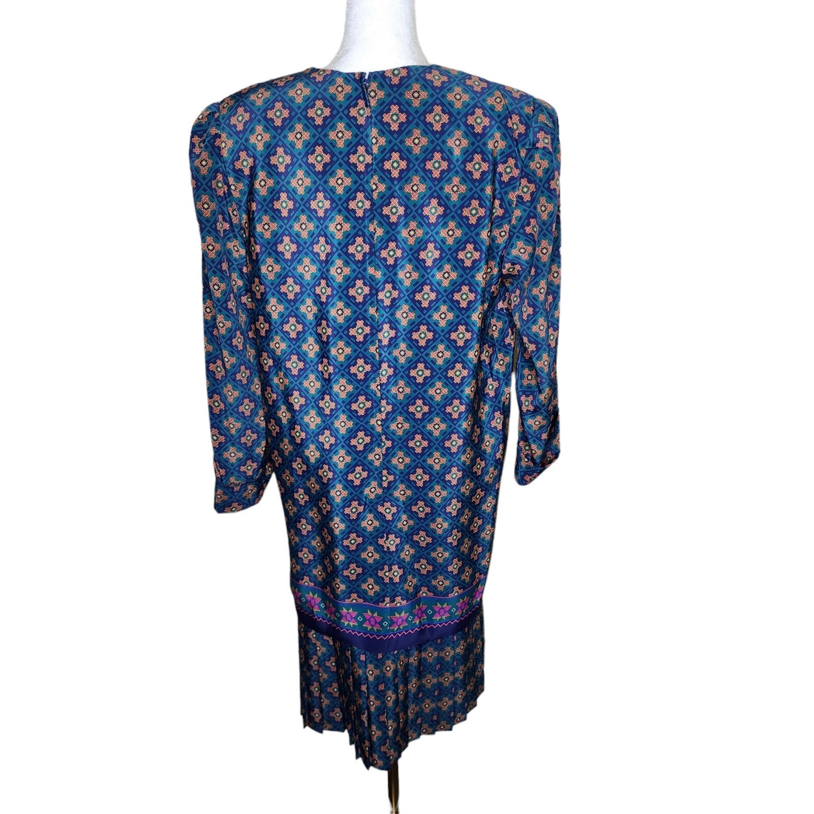 Vintage 80s Drop Waist Pleated Dress Fleur de Lis Womens 10 Green Blue