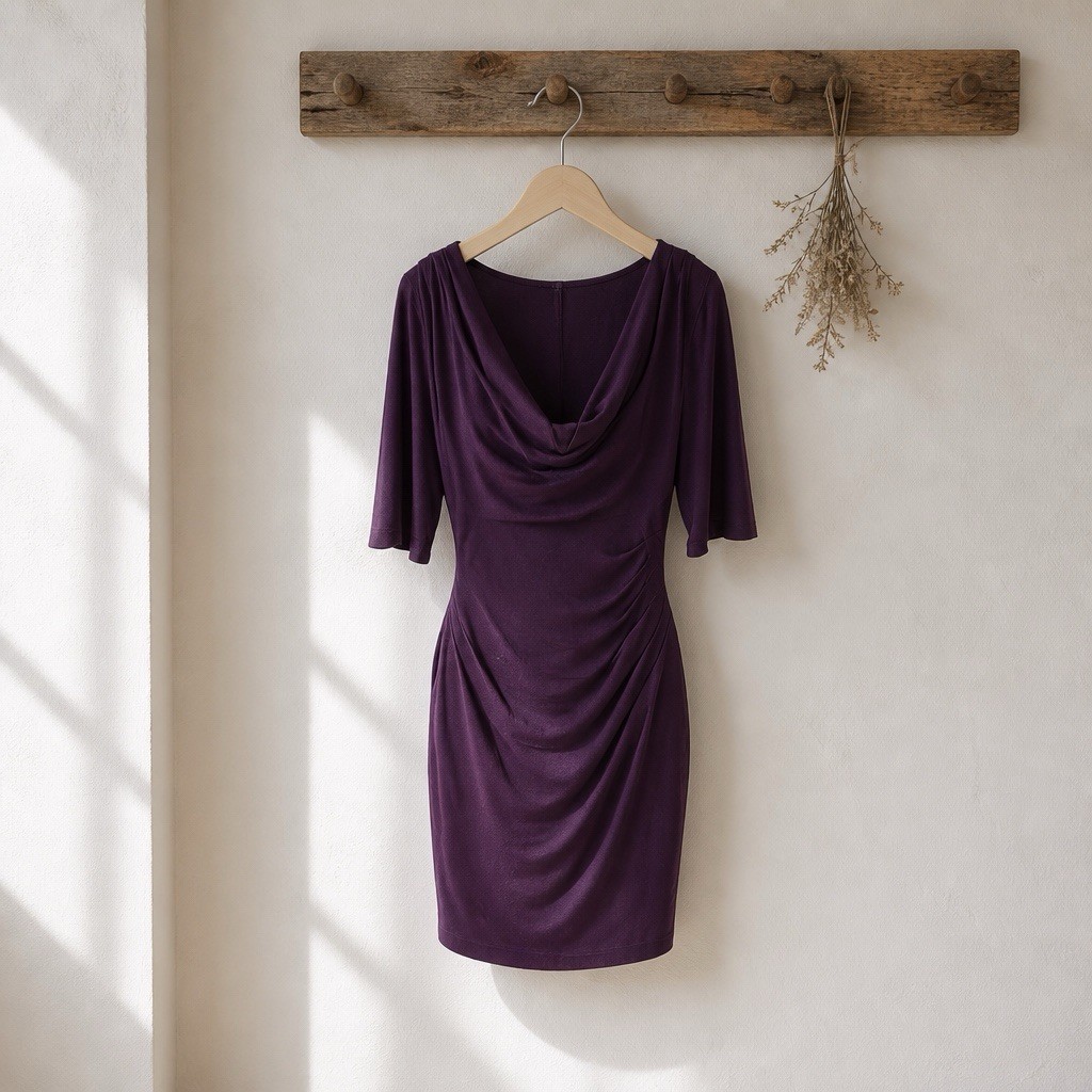 Ralph Lauren Purple Knit Empire Waist V Neck Ruched Sheath Dress Size 12 EUC