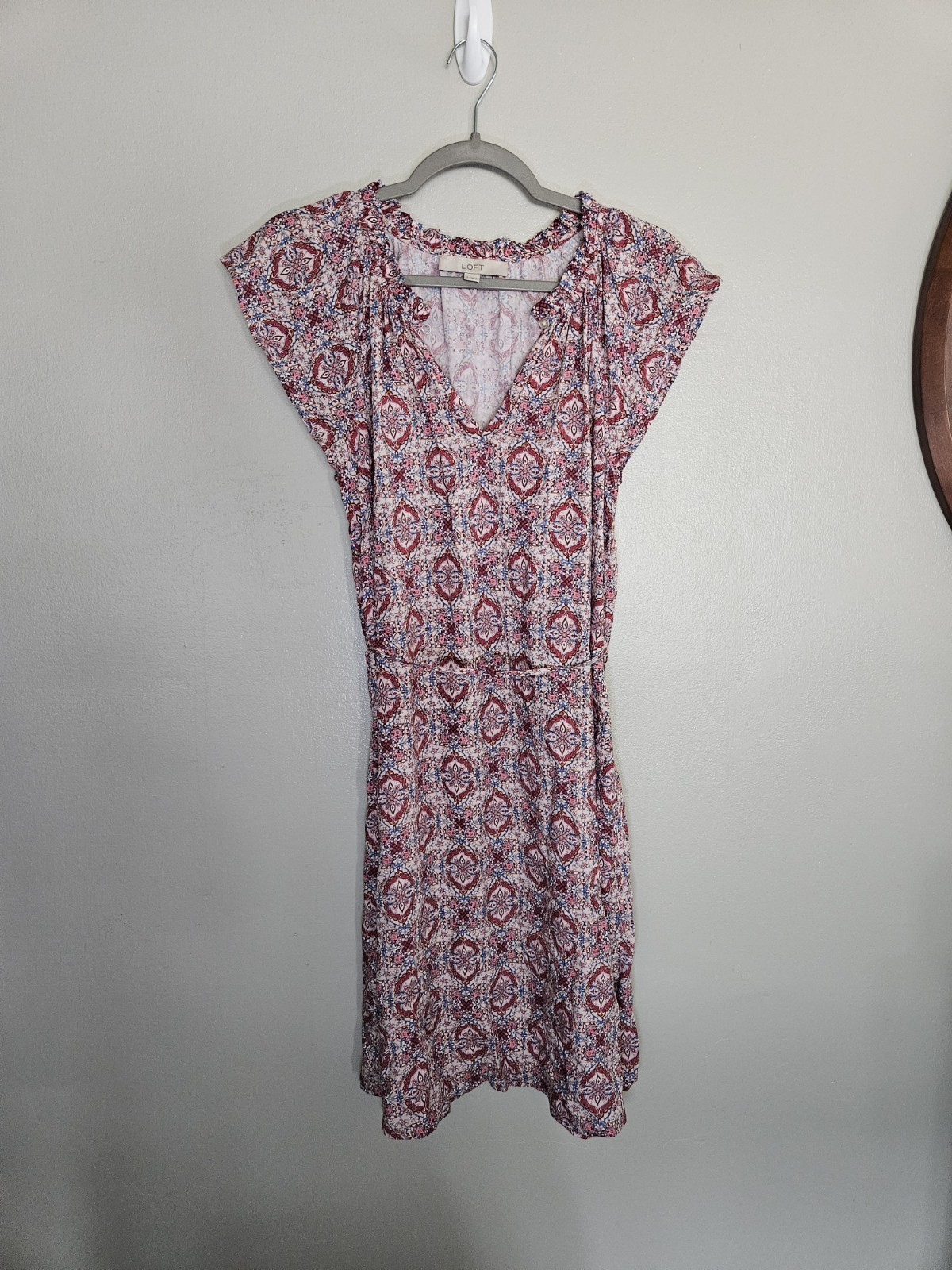 LOFT Women Dress Small S Paisley Ruffle Neck Button Keyhole Boho Pink Multicolor