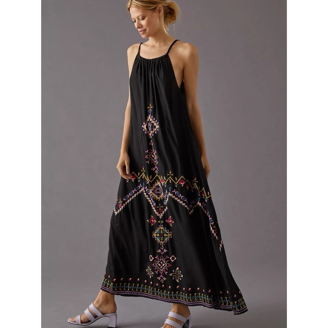 Anthropologie Maxi Dress Womens Large Black Embroidered Boho Tie Strap