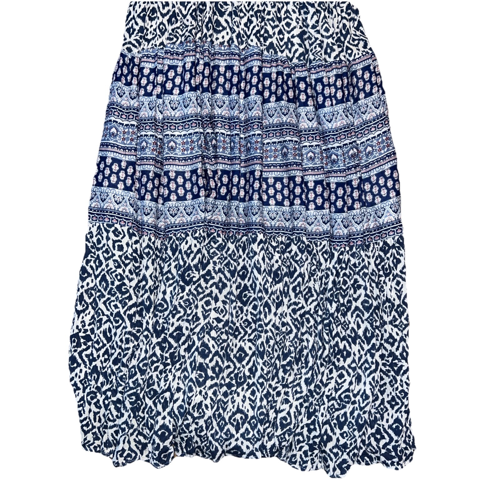J Gee Navy Blue/White Boho Multi Teared Flutter Short Sleeve Gauzy Peasant Dress
