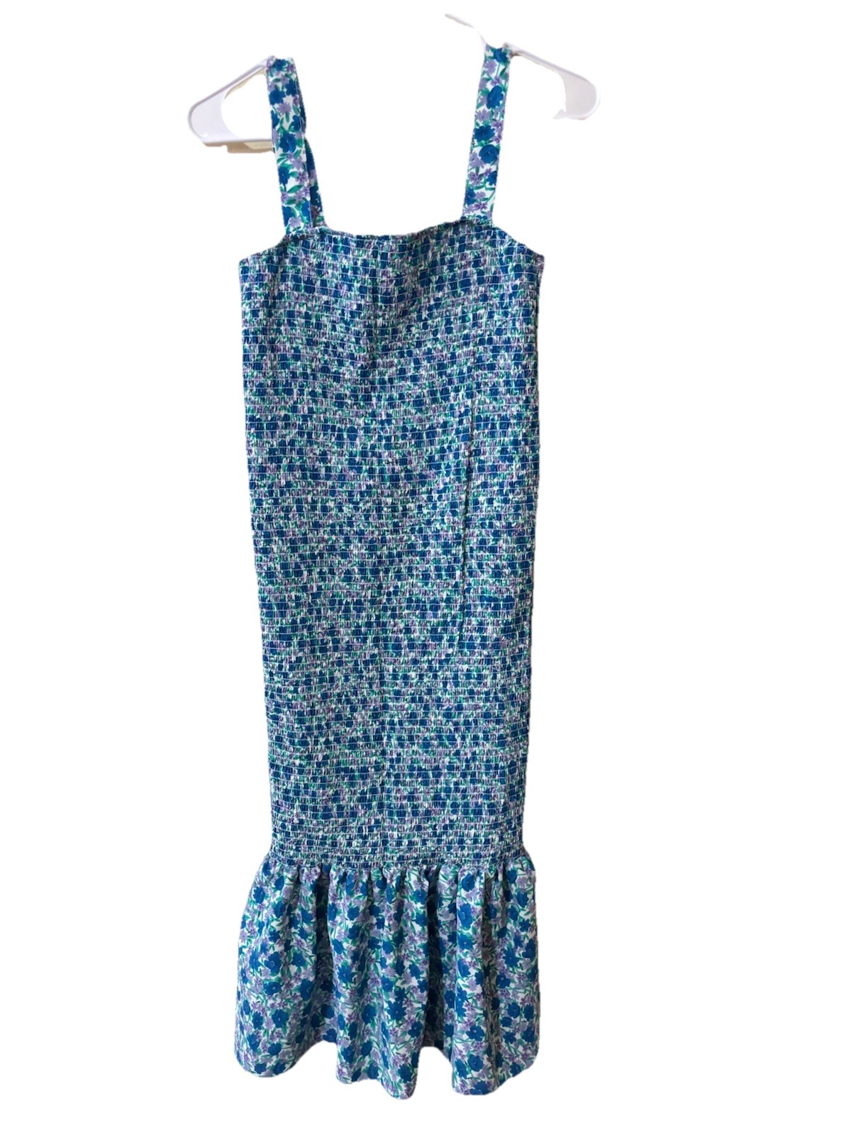 Fashion Women’s Blue Floral Square Neck Smocked Stretch Midi Dress Size M