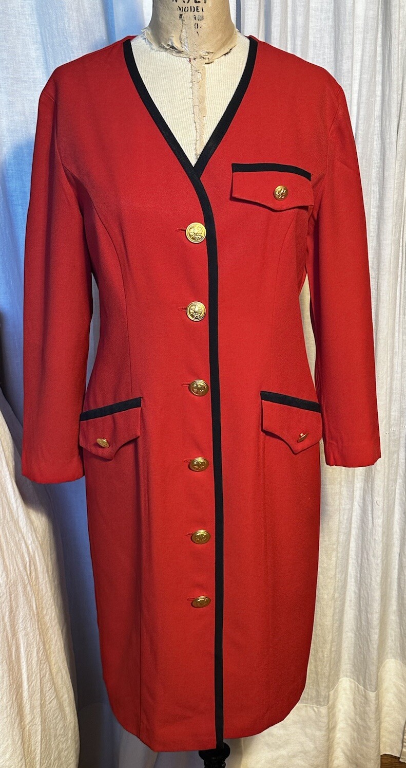 Vintage Lois Snyder DANI MAX Womens Red /Blk Trim Button F Coat Dress Sz8P Used