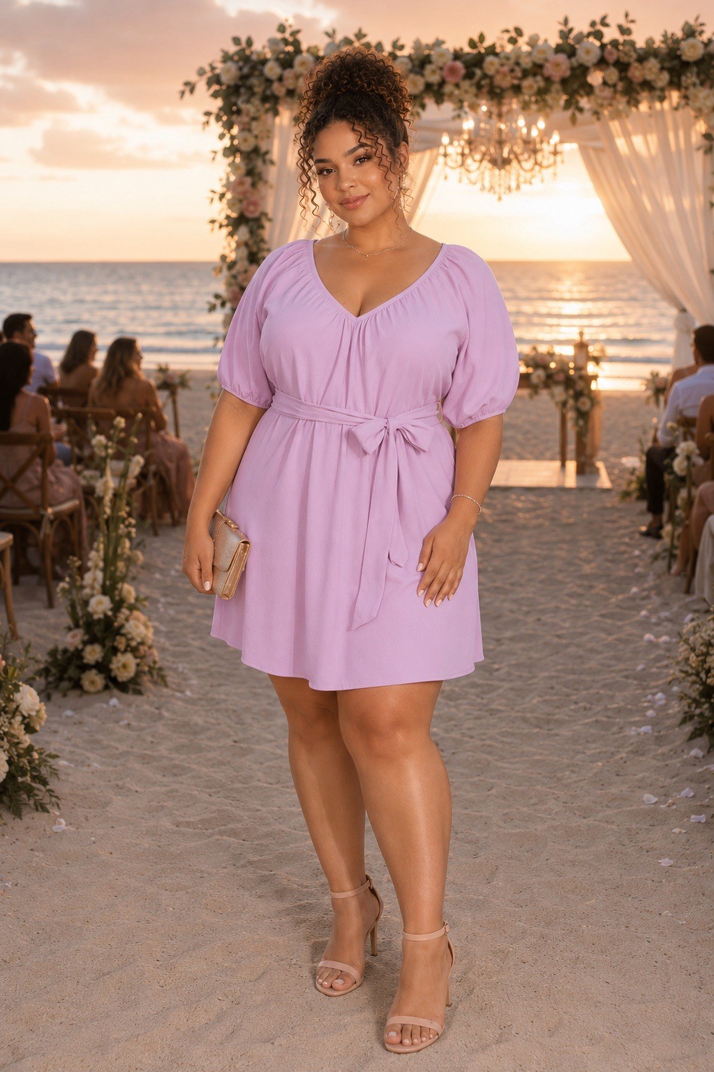 Worthington Lilac Puff Sleeve Belted Summer casual party Dress 4x