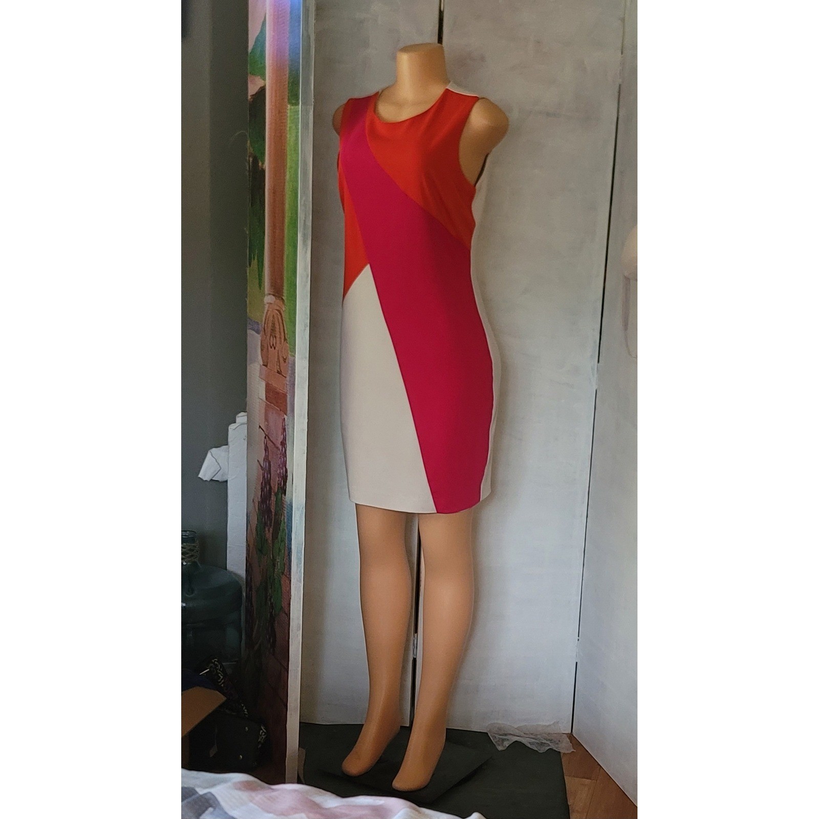 Neiman Marcus Womens Colorblock Sheath Dress Orange Pink White Size 6 D3075