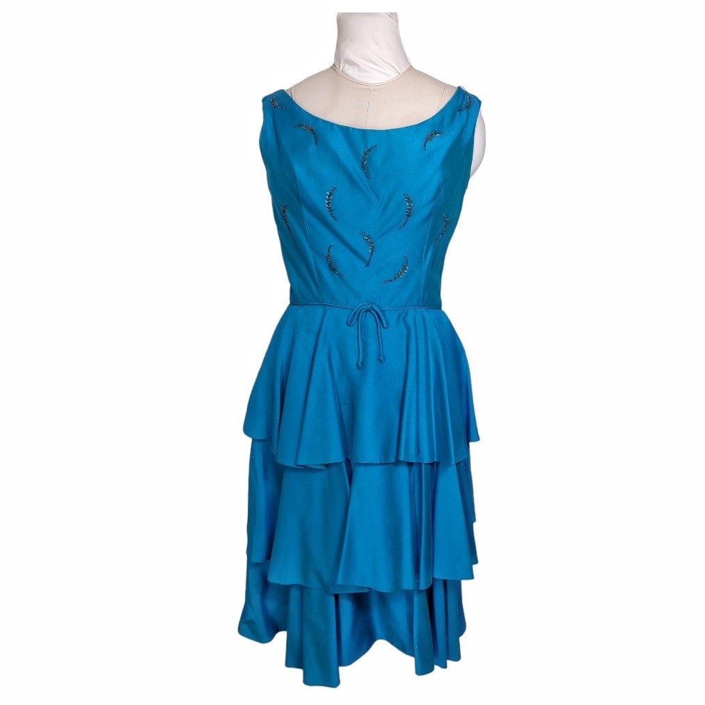 MIRA ORIGINALS Vintage Party Dress 1960’s Teal Beads Peplum Ruffle Retro Dress