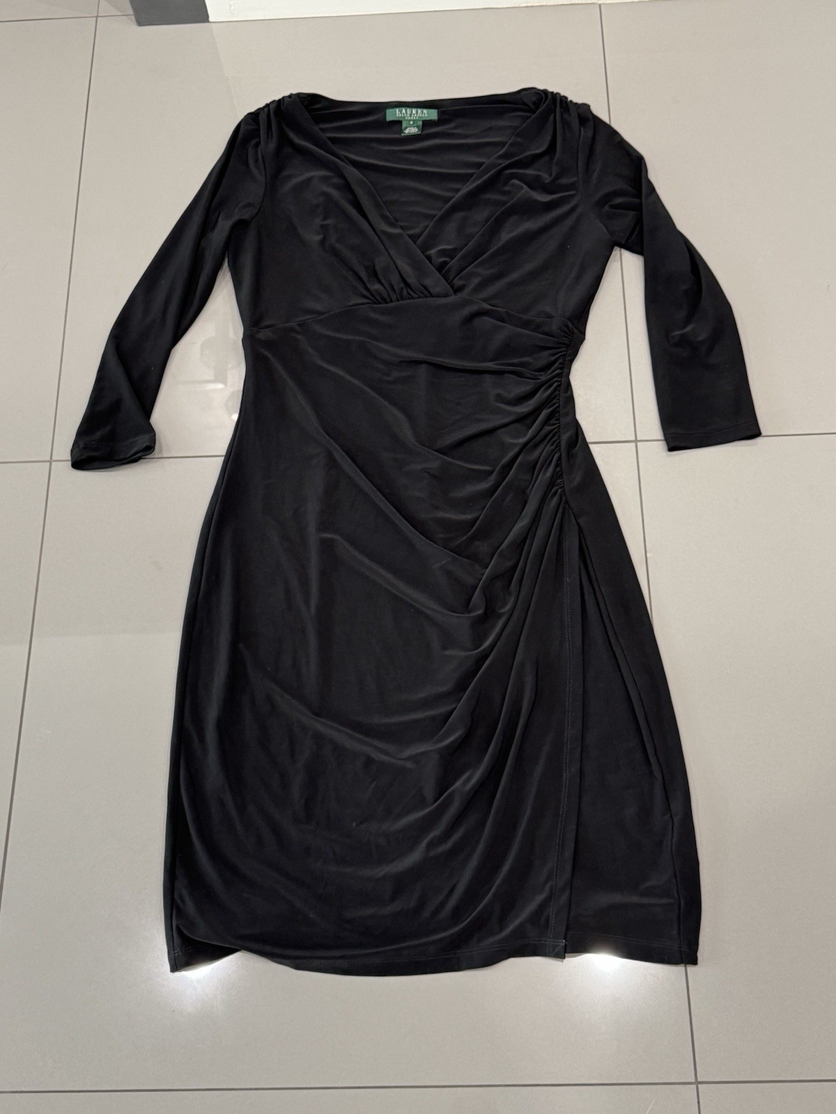 RALPH LAUREN LRL Sz 8 Black Ruched Faux Wrap Stretch Dress Career Party EUC