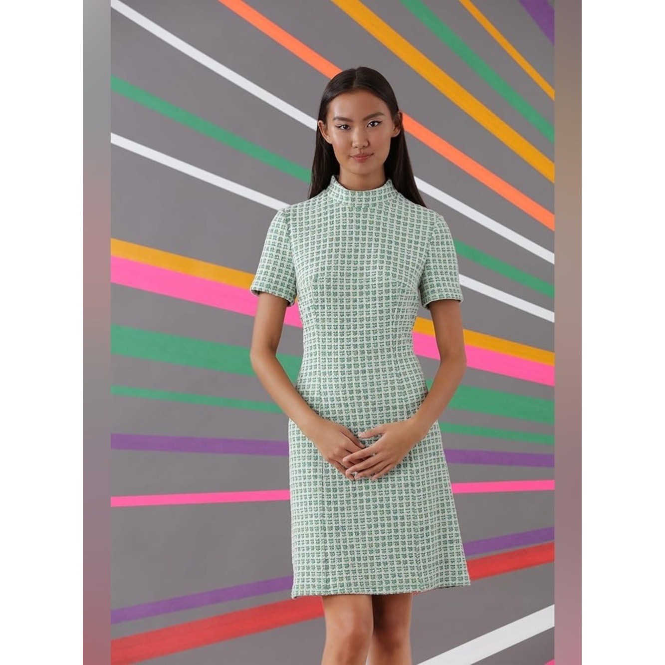 (A1) Donna Morgan Green Plaid Mock Neck Dress 10 Excellent Tweed Novelty