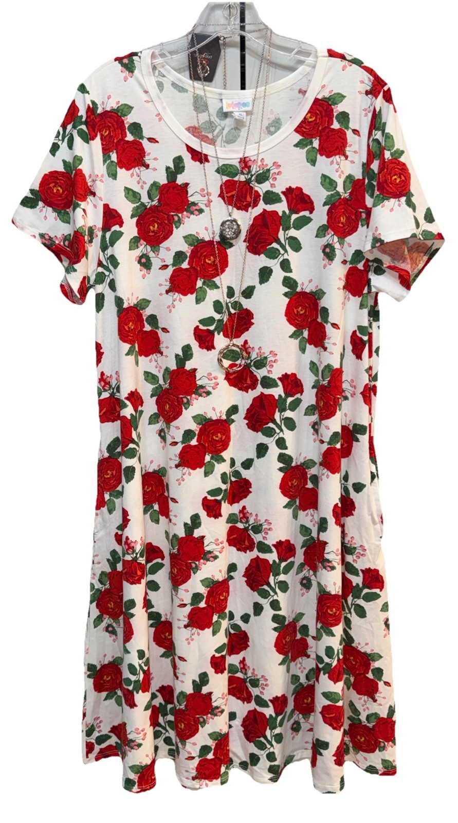 NWT LuLaRoe XL White Red Green Pink Roses Floral Jessie Swing Dress w/Pockets
