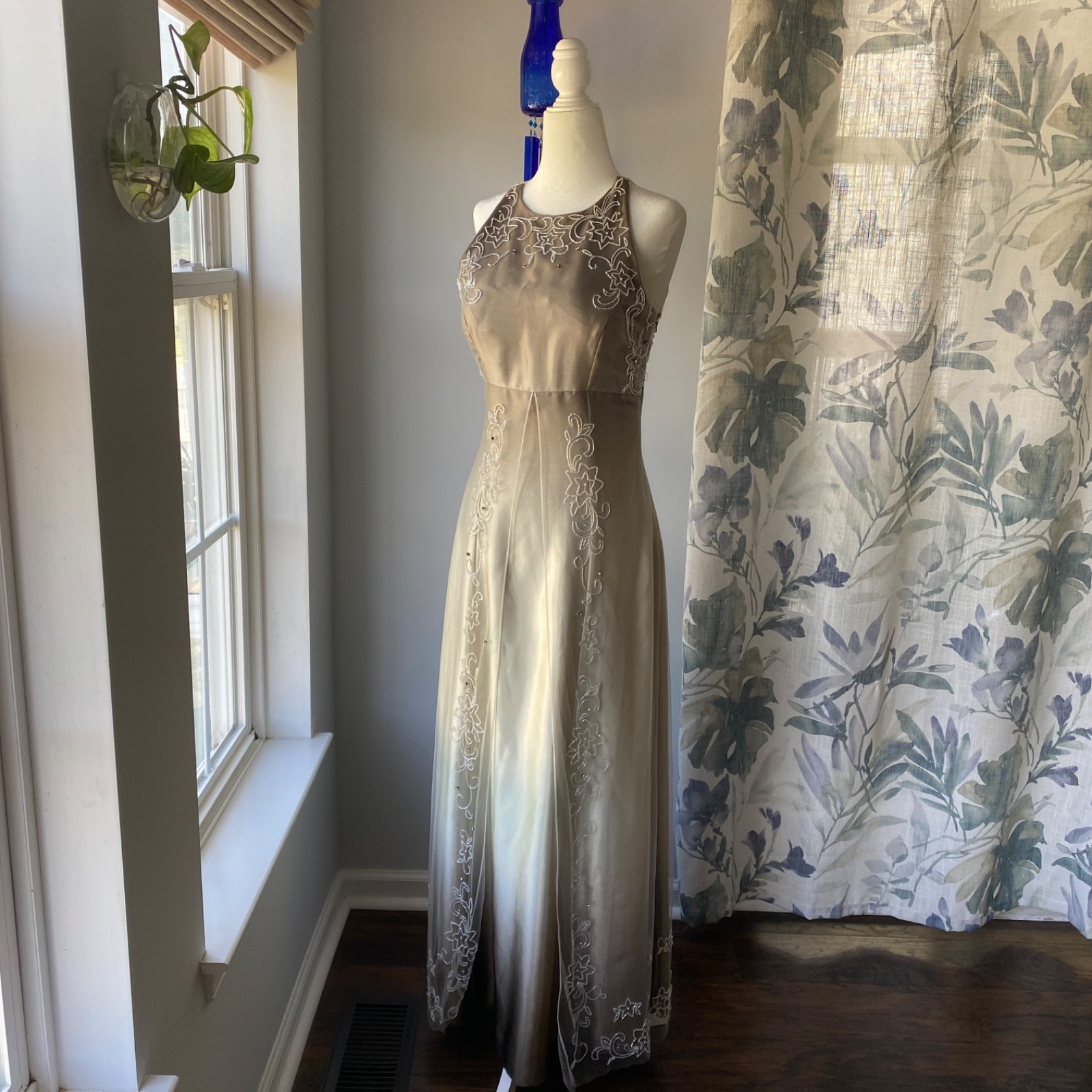 Vtg 90s Y2K Cache Whimsigoth Beaded Maxi Dress Dark Fairy Gown Prom Formal Sz 8