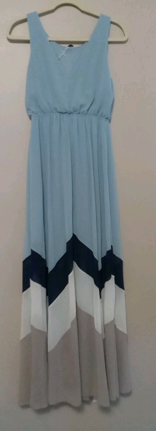 Ya Women Light Blue Geometric Colorblock Beige White Navy Maxi Dress Size S