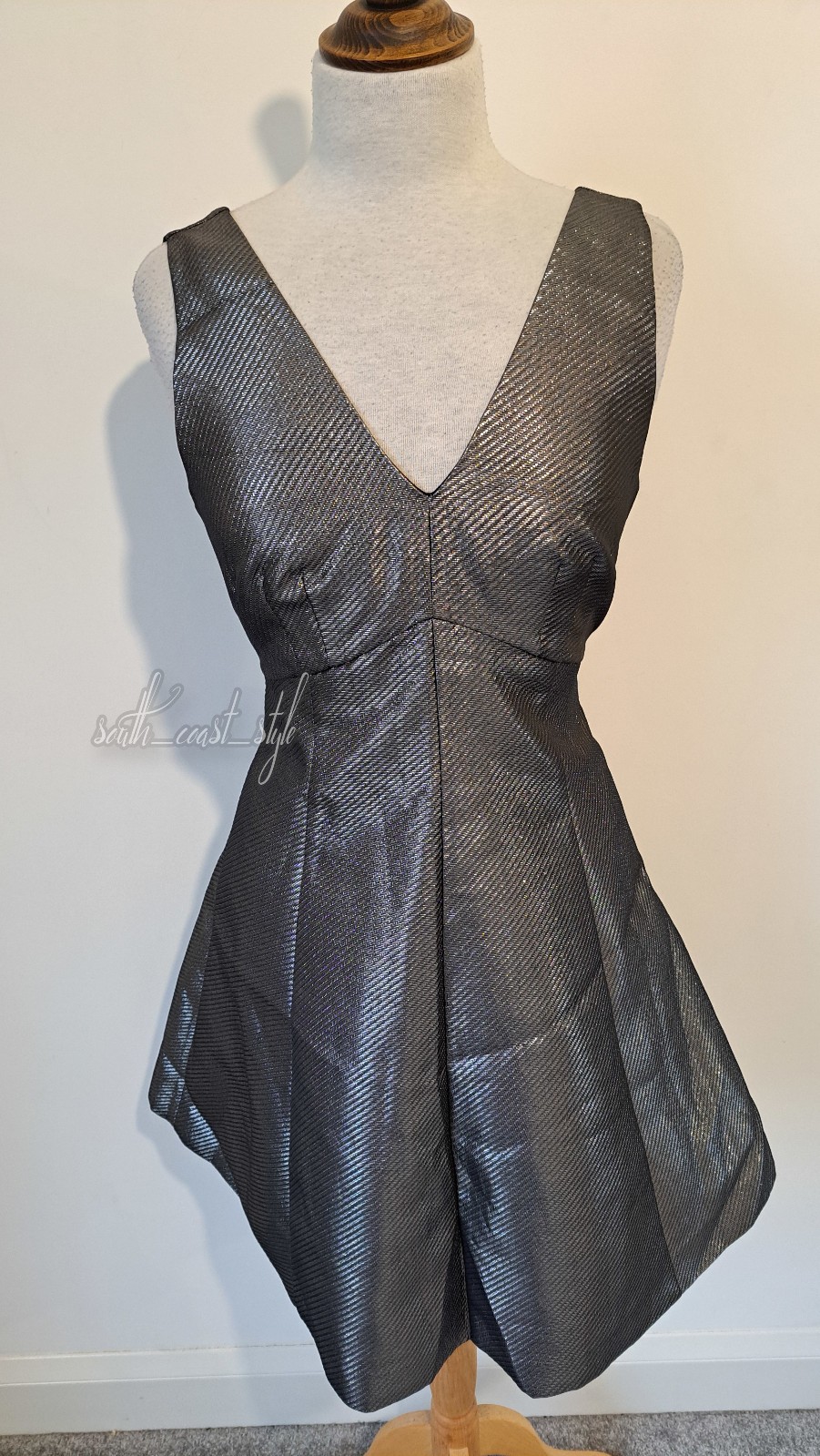 OASIS – Silver Metallic Striped Structured Fit & Flare Dress – Size 12 BNWT