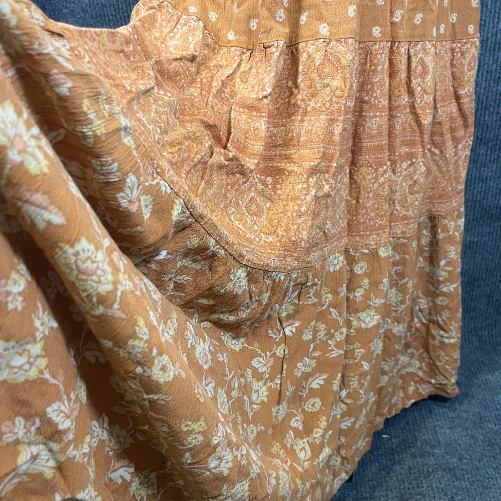 Wonderly Boho Fairy Cottagecore Peasant Tiered Maxi Dress Womens L Orange Tie Bk