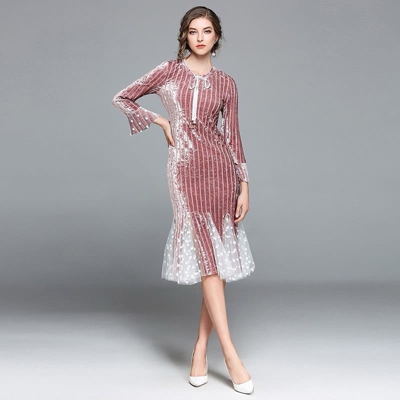 NWT Vicky And Lucas Pink Velvet Midi Mermaid Dress White Polka Dot Tulle Large