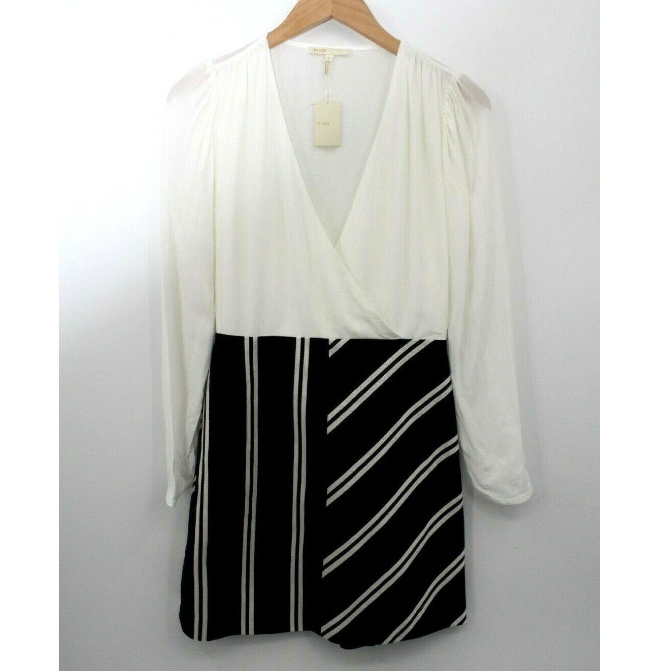 Maje Dress Rolim Stripe Skirt Crepe & Woven V-Neck Long Sleeve Fit & Flare Sz 1