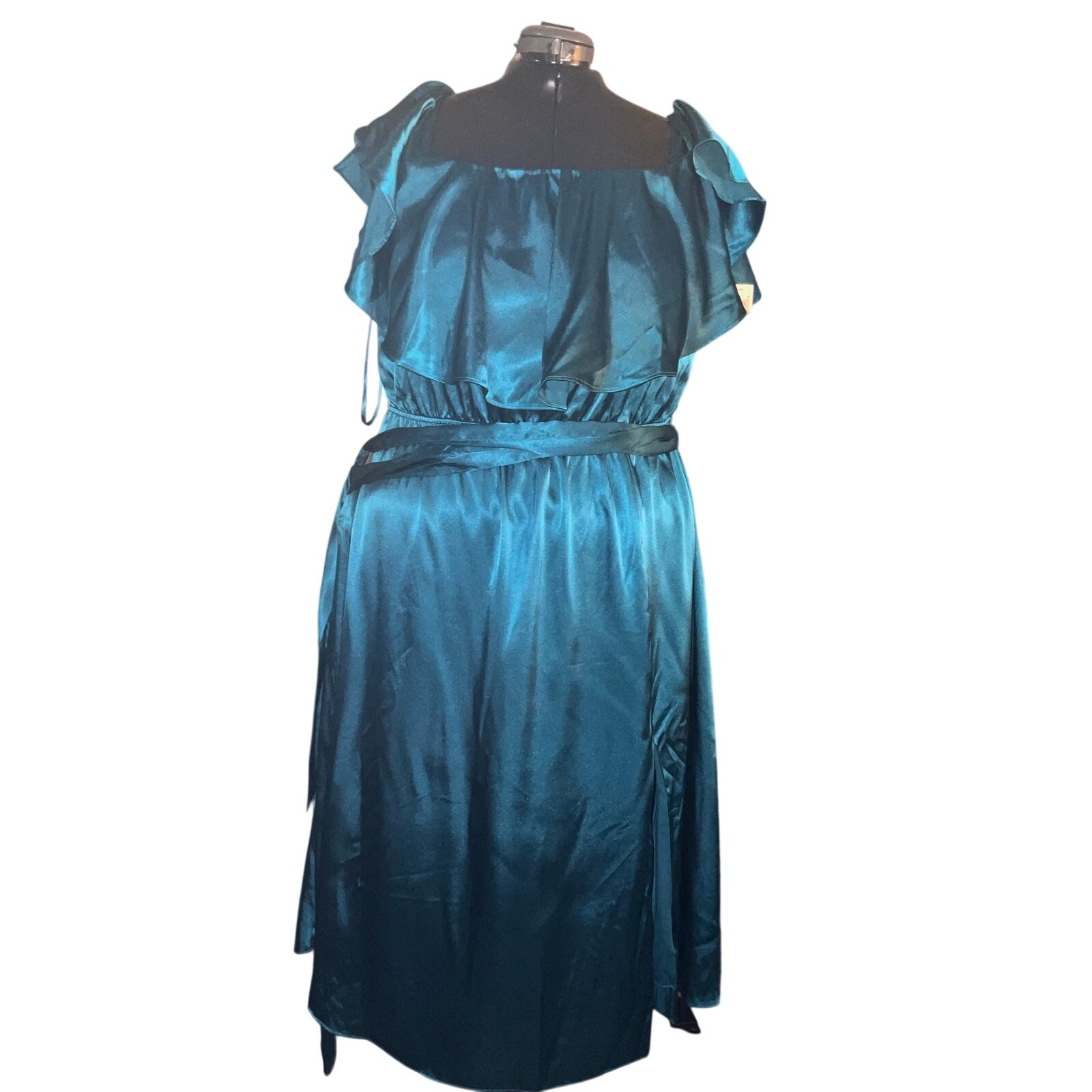 Dark Teal Satin Off Shoulder Ruffle Formal Midi Dress Wedding Guest NWT Plus 3X