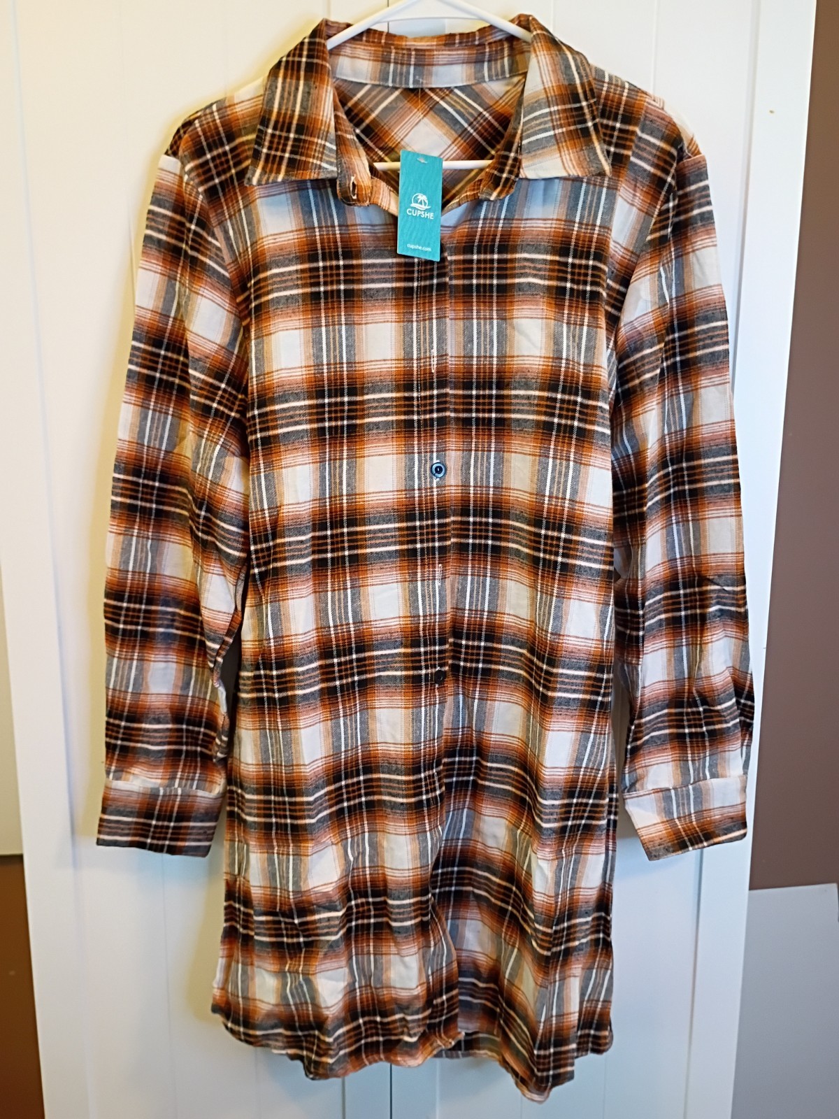 NWT Cupshe Women’s Plaid Mini Shirt Dress Size Medium Brown Cream And Red