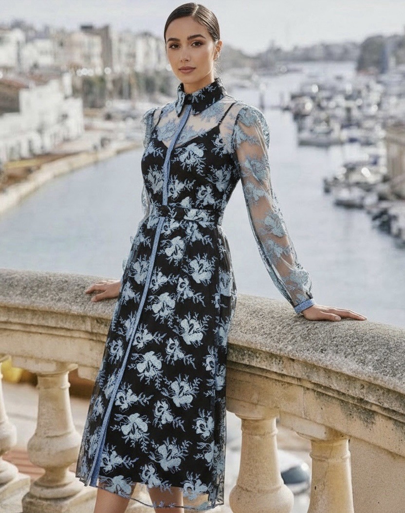 SCANLAN THEODORE RRP $2400 Midi Shirt Dress Metallic Tinsel Embroidered Sz AU 8