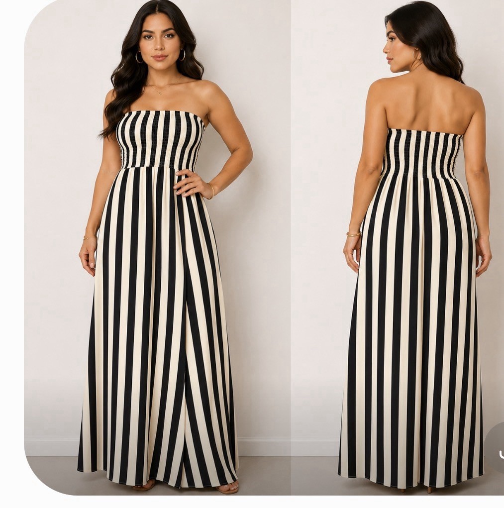 Women’s Tan and black Striped Strapless Smocked Long Maxi Dress L
