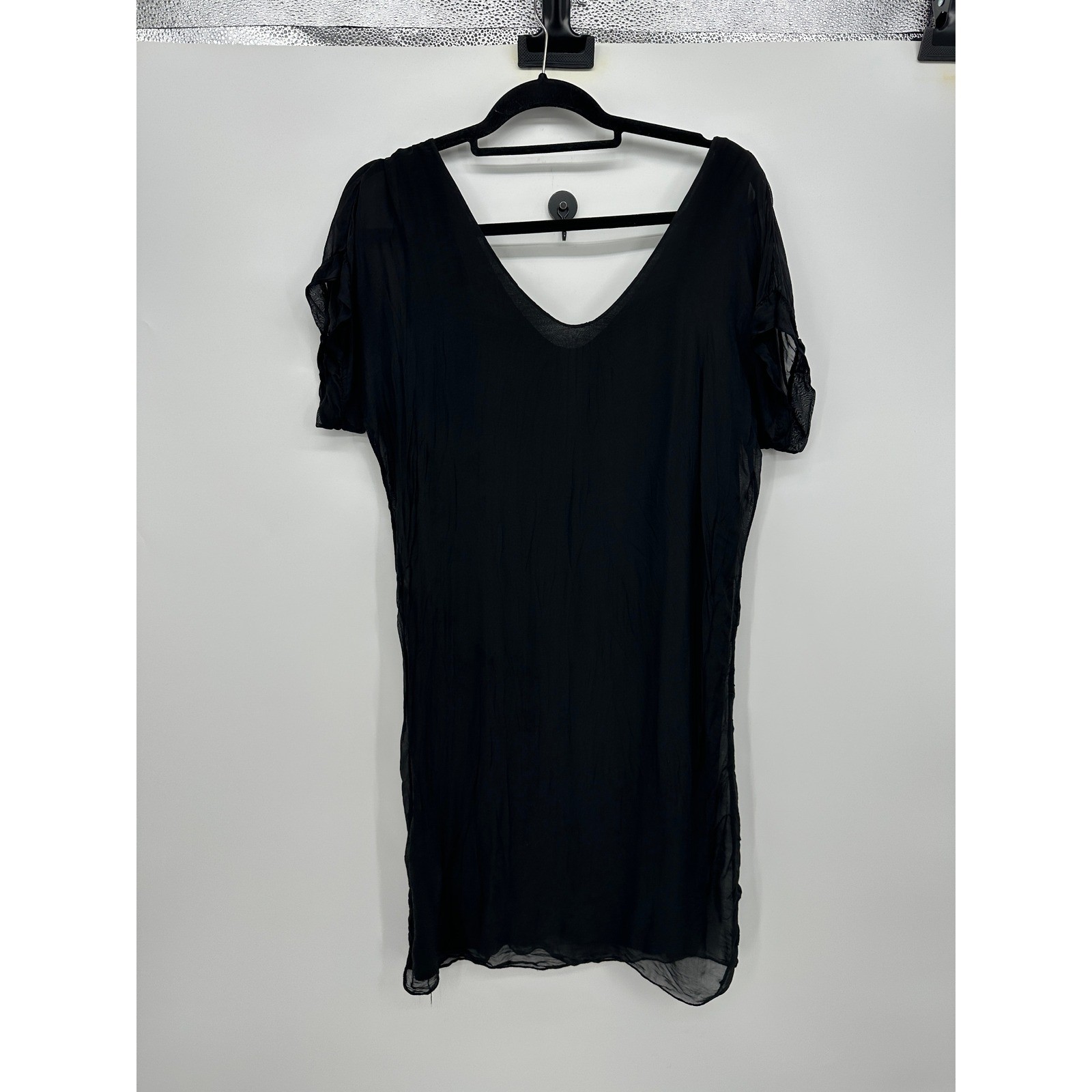 Silk Blend Black Midi Dress Sz M Flowy Minimalist Neutral Made in Italy