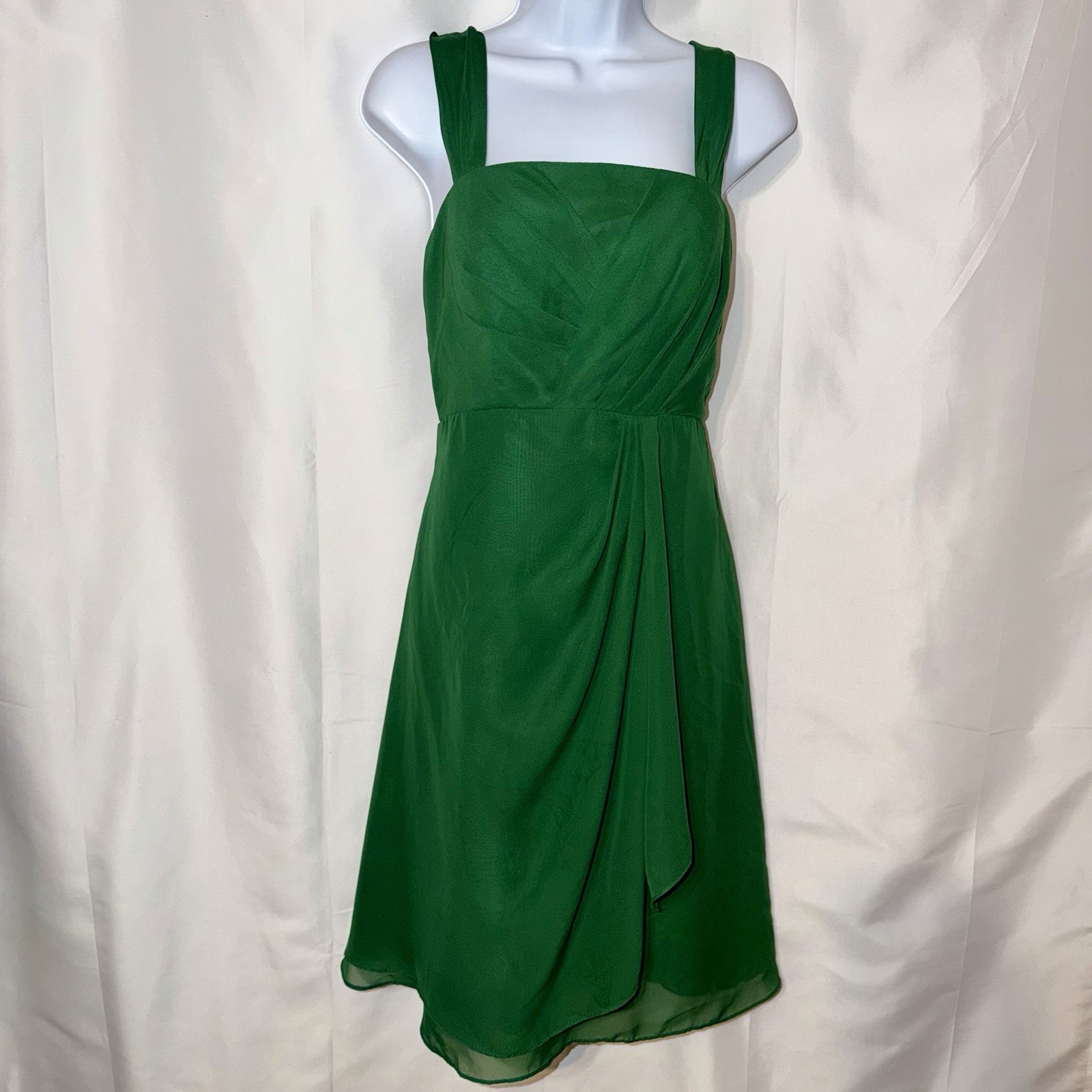 Azazie “Olivia” Dark Green A-Line Square Neckline Pleated Chiffon Dress Knee – 8