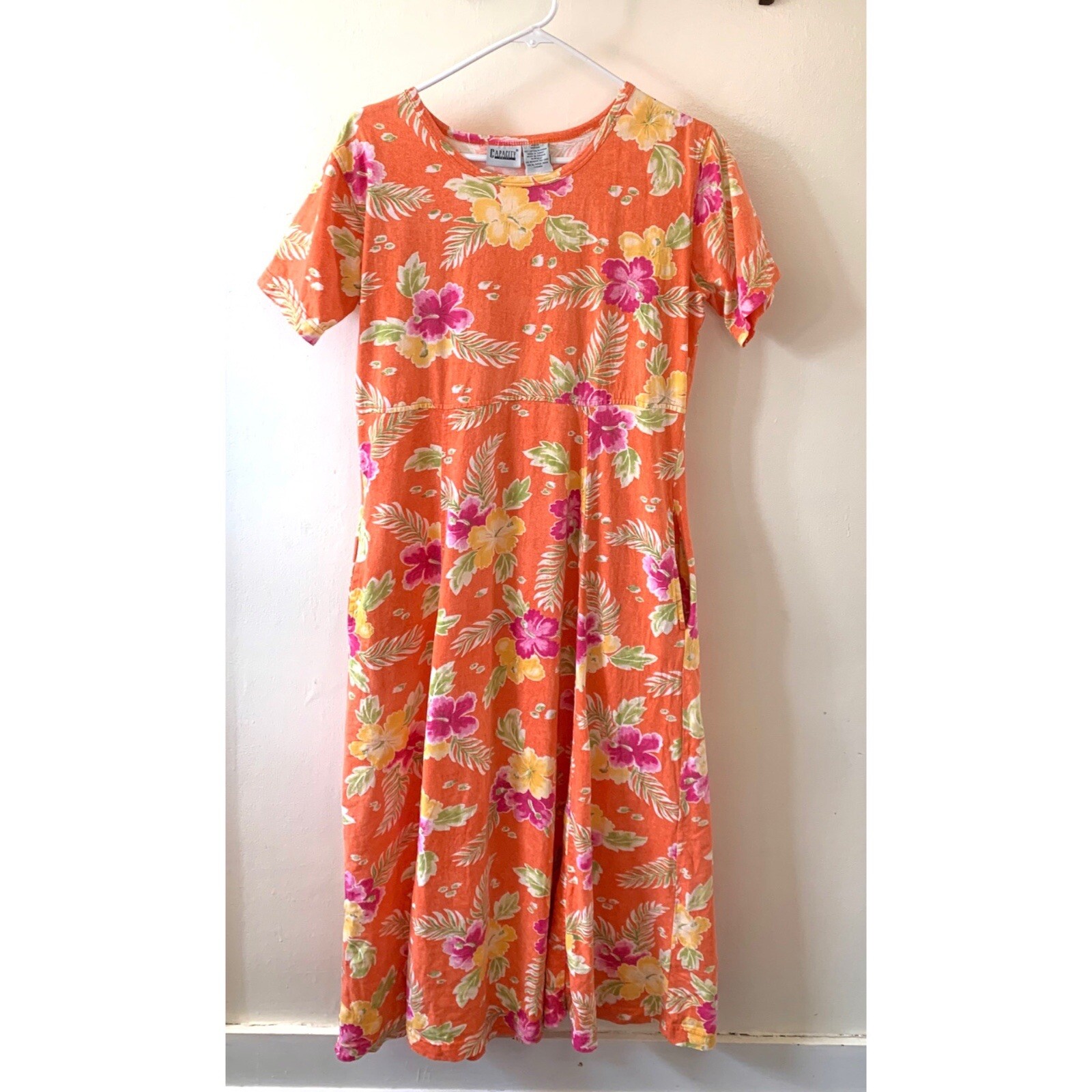 Vintage 1990s Capacity Knits Orange Tropical Floral Maxi Dress Size Medium