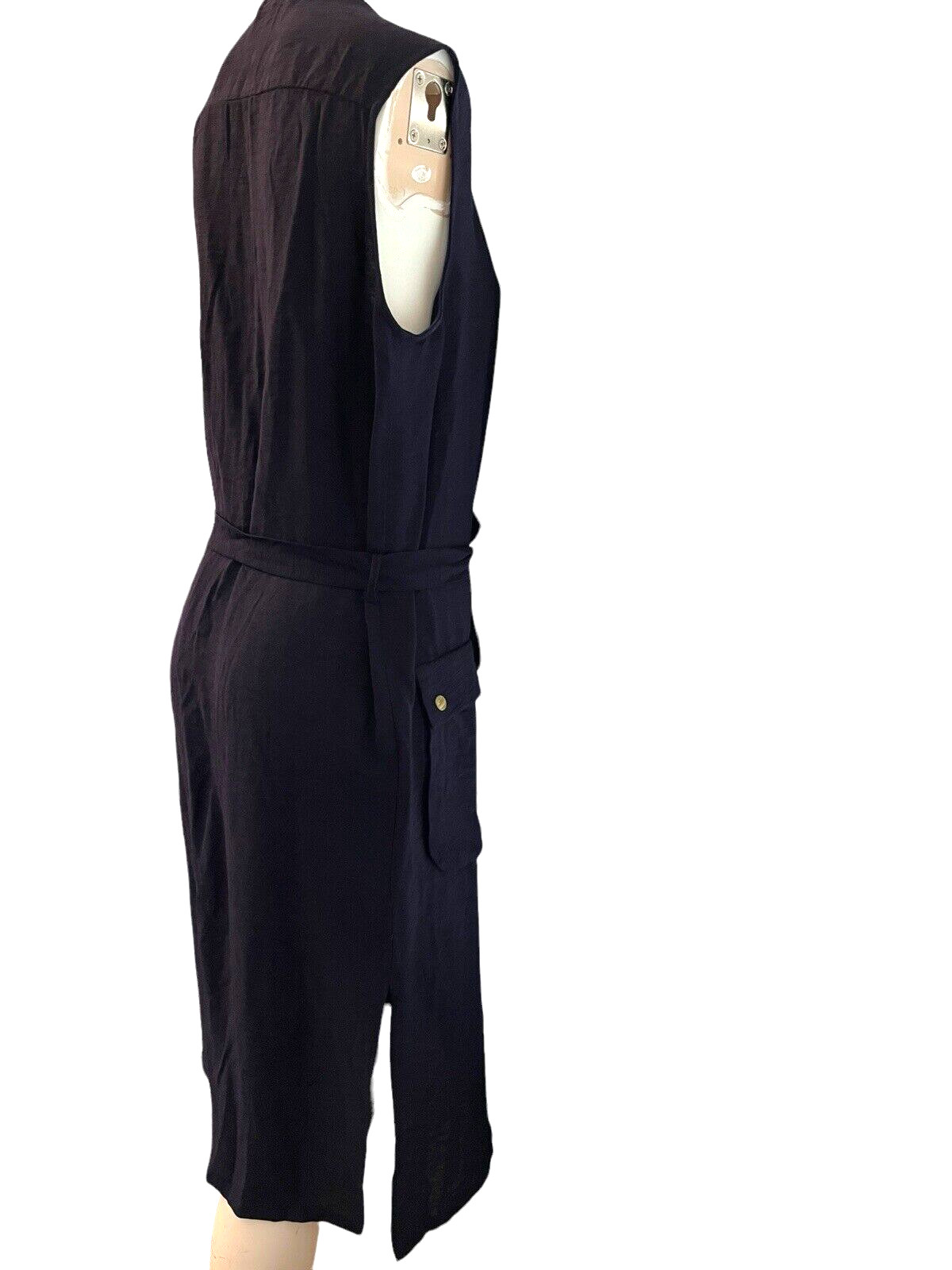 Zara Basic Medium Tie Waist Expozed Zipper Dress Navy Blue Sleeveless Side Slits