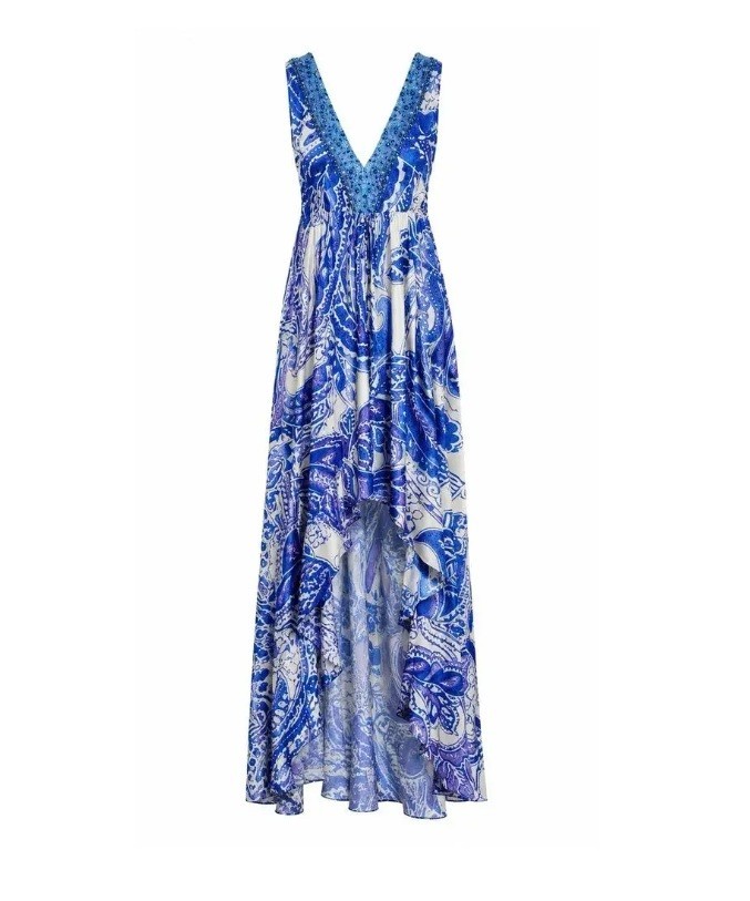 Camilla Loves Intermix Women’s Porcelain Hi Low Kaftan Silk Dress Blue Sz 1