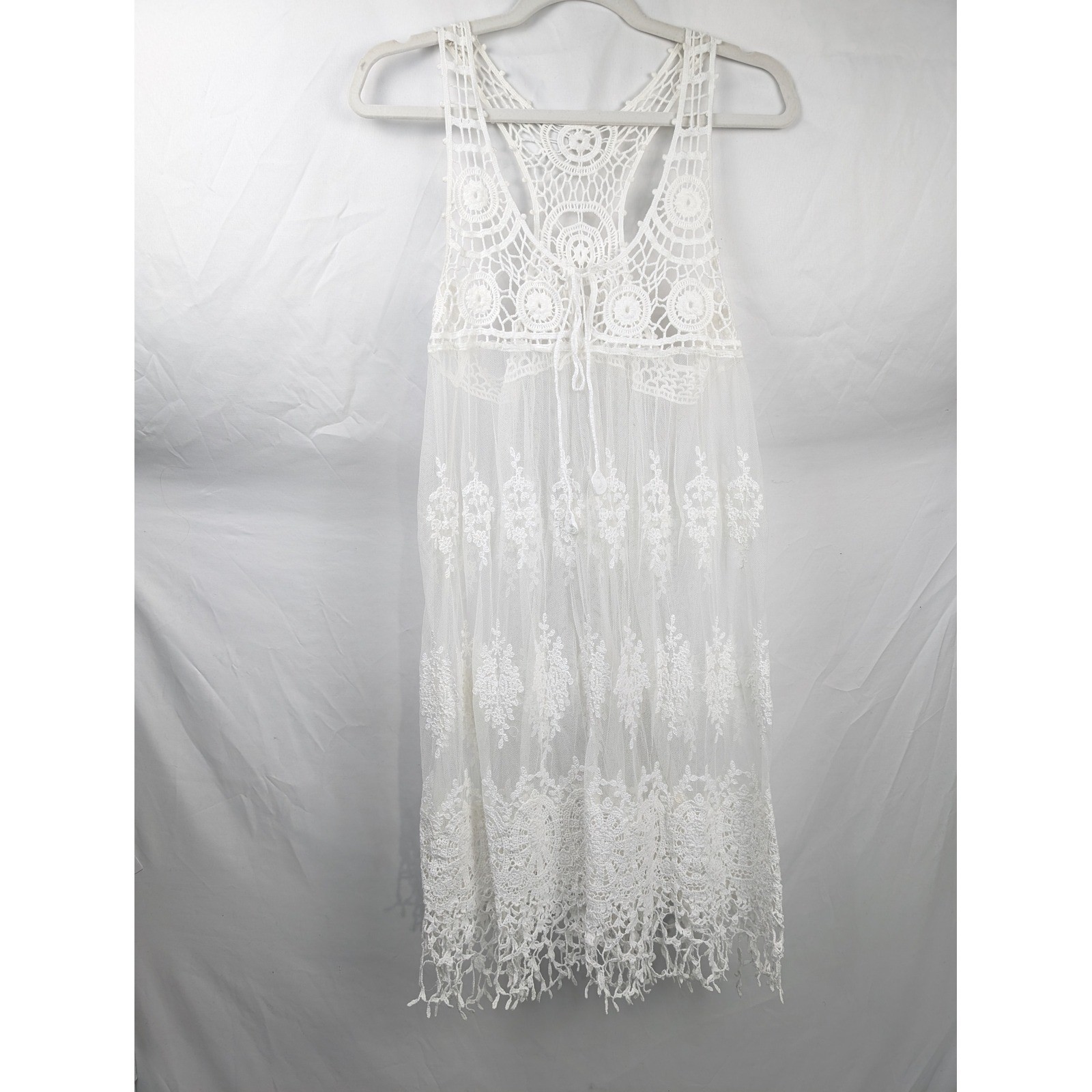 Boho Crochet Lace Sheer Mesh Dress Size M White Fairy Festival Fringe Coverup