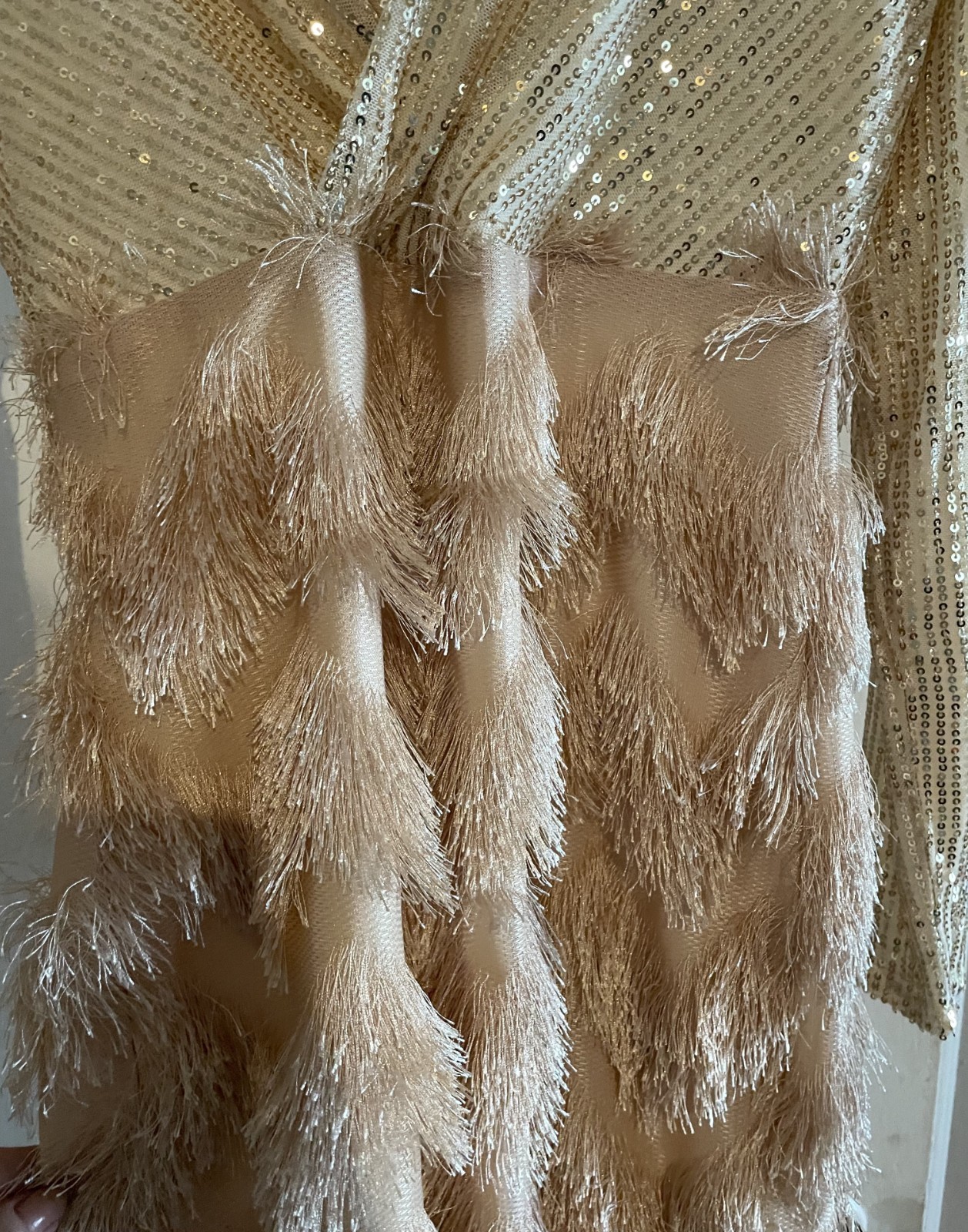 cocktail dress size medium champagne sequins with feather fringe one piece
