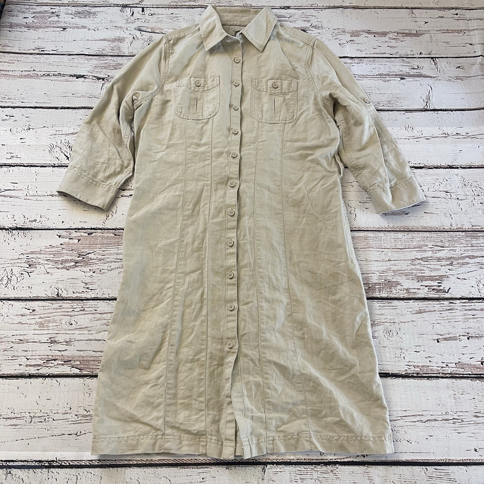 L.L. Bean Signature Shirt Dress Womens Medium Beige Linen Blend Button Front