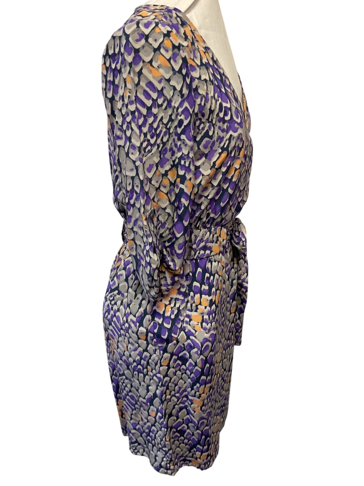 Presley Skye XS 100% Silk Abstract Print Wrap Dress W/ Belt Purple Peach & Grey