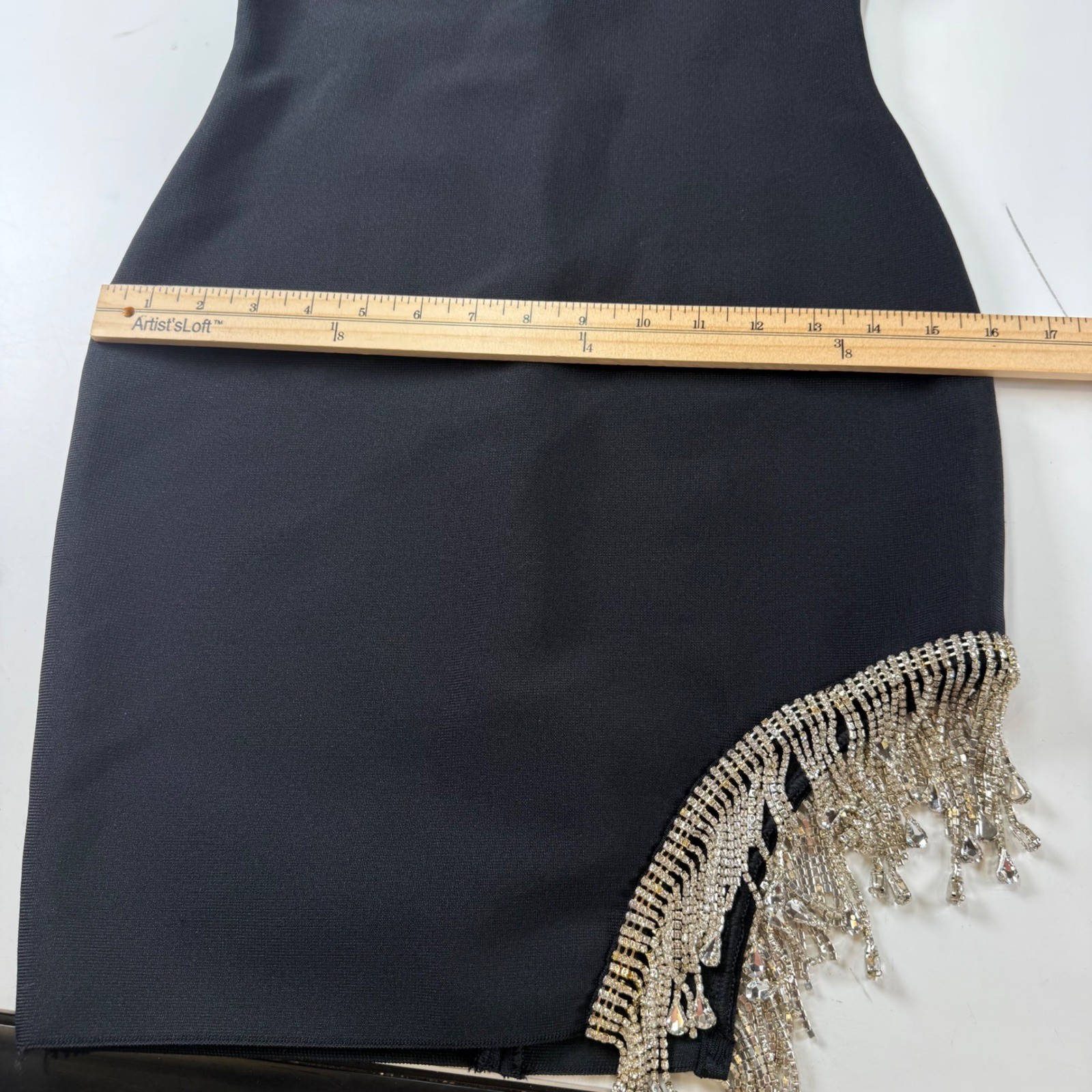 Bella Barnett Black Rhinestone Fringe Mock Neck Cocktail Dress Size Medium NWT