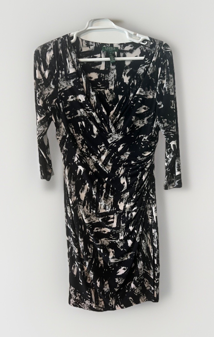 Lauren By Ralph Lauren Navy Cream Abstract Print Faux Wrap Dress Size 16