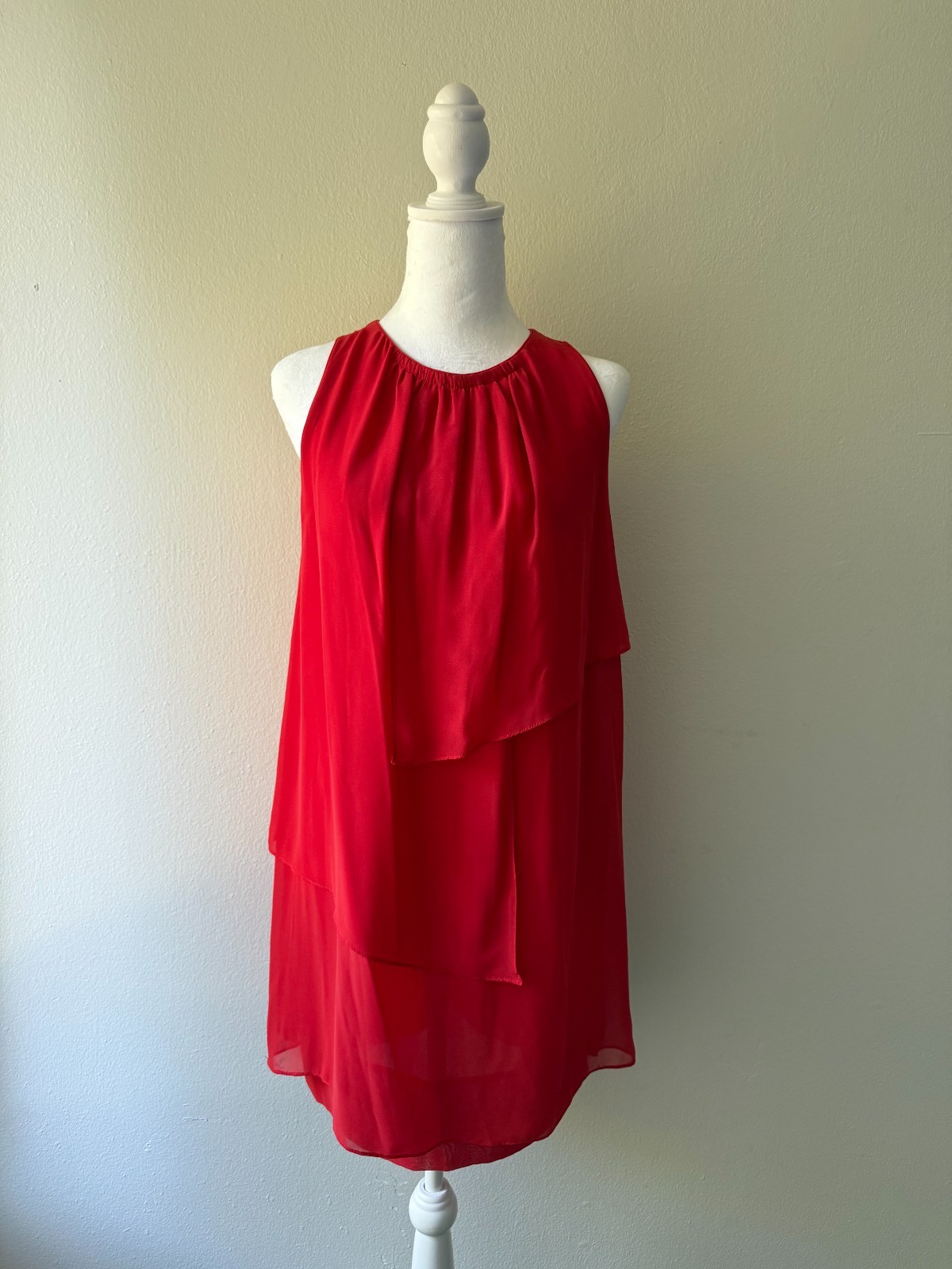 Sfera Red Sleeveless Shift Dress M Layered Ruffle Sheer Overlay Cocktail Party