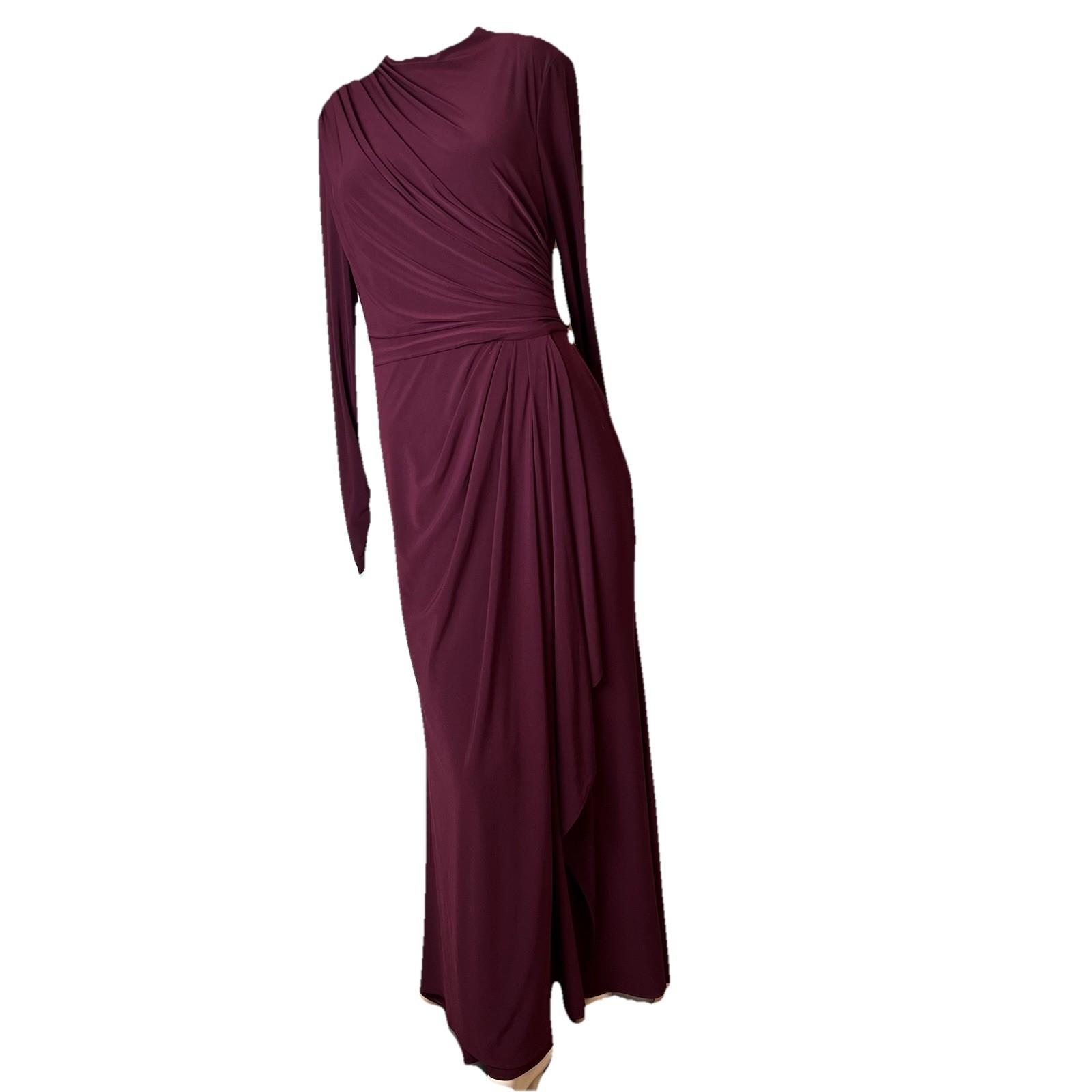 BETSY & ADAM Jeanette Long Sleeve Stretch Knit Ruched Dress Size 12 Wine