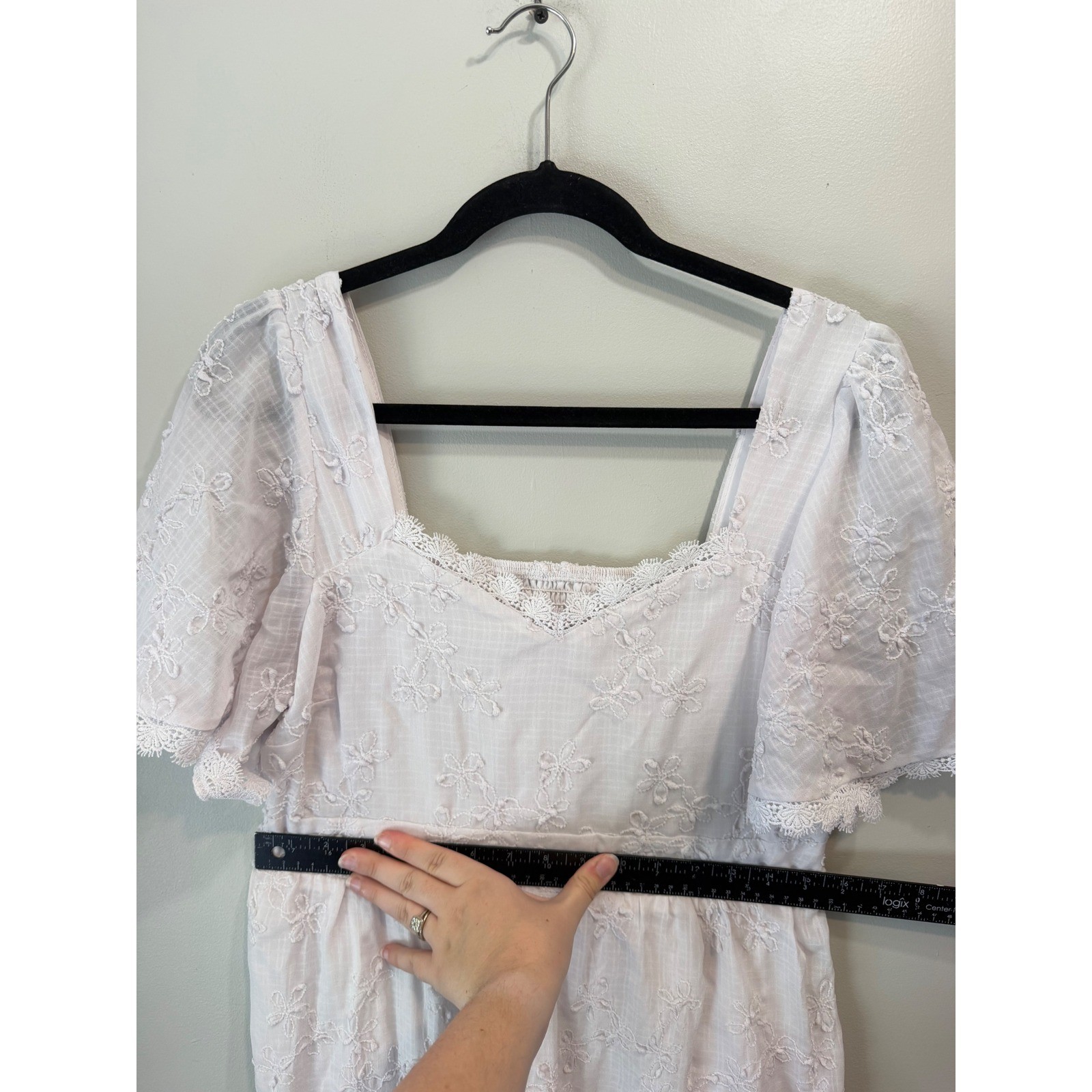 Shein White Eyelet Embroidered Maxi Dress Flutter Sleeve Smocked Back Large