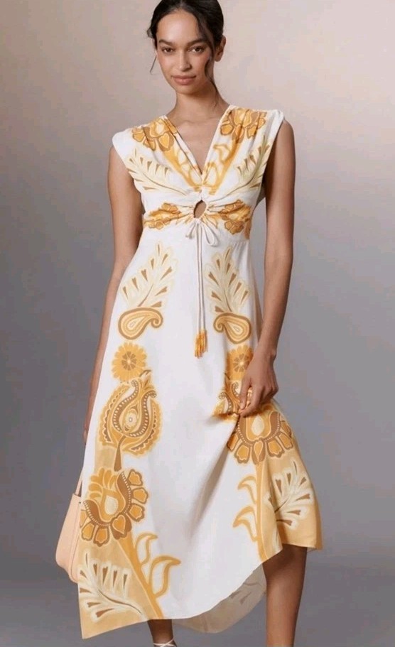 NWT FARM RIO ANTHROPOLOGIE Maxi Dress Sleeveless Yellow Orange Tassles Sz M $268