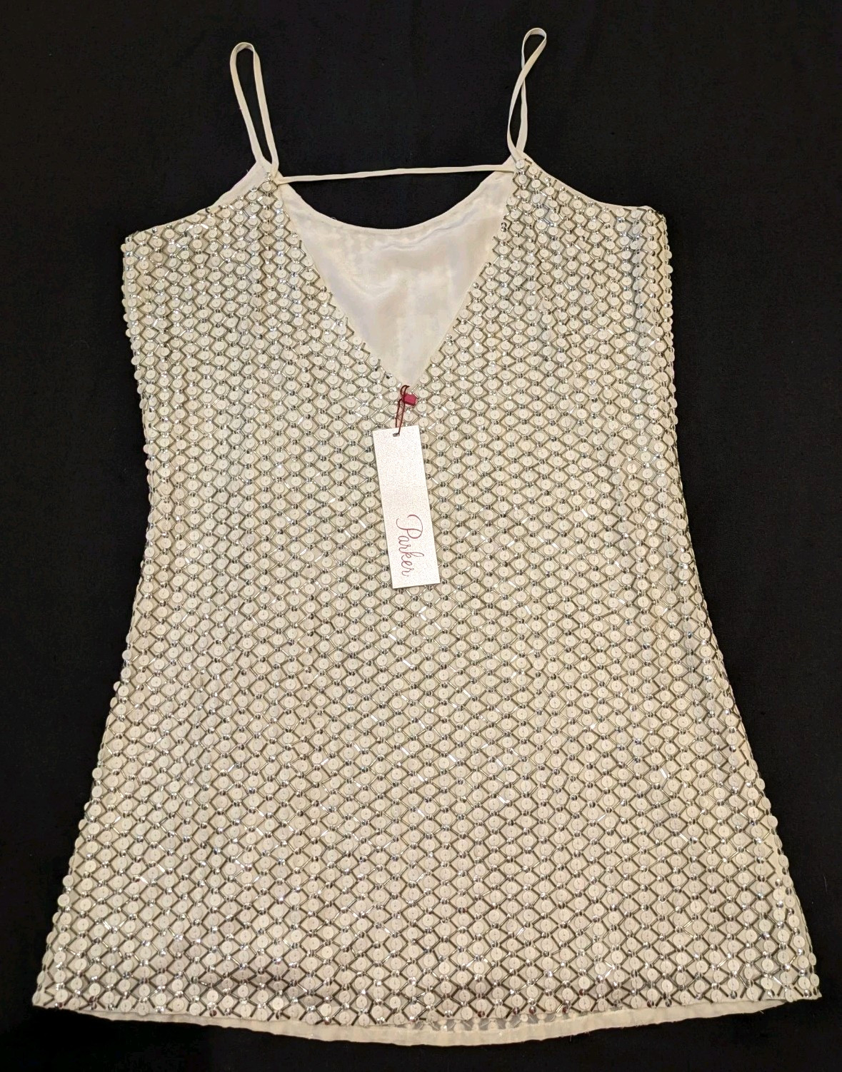 NWT Parker Silk Beaded Sequin Mini Slip Dress-Size M-White/Silver Cocktail Party
