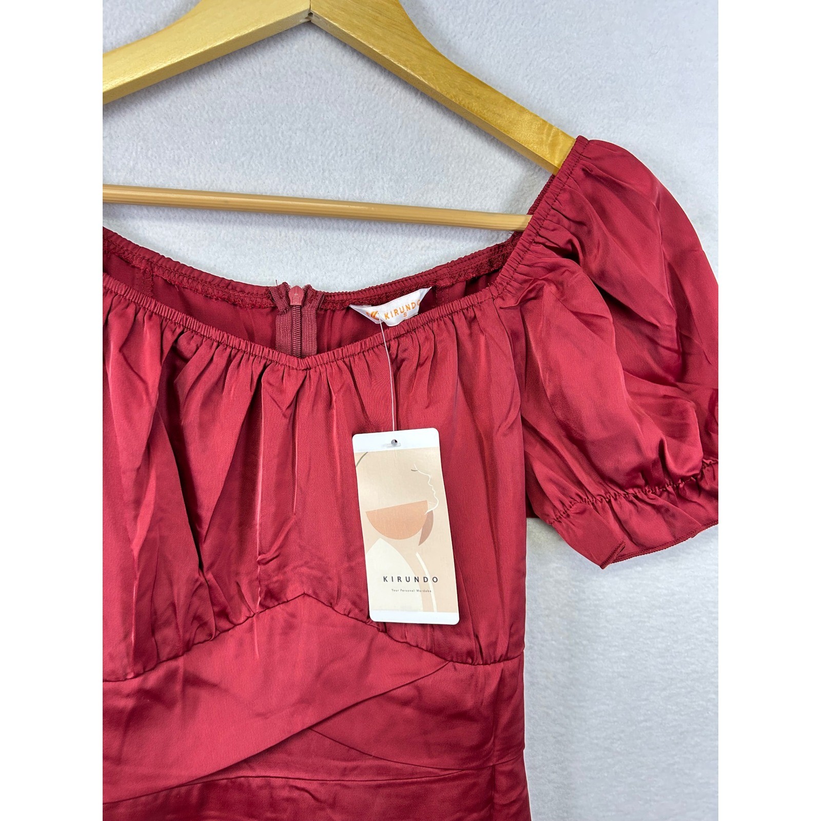 Kirundo Midi Dress Womens Small Burgundy New Puff Sleeve Satin A-Line Romantic