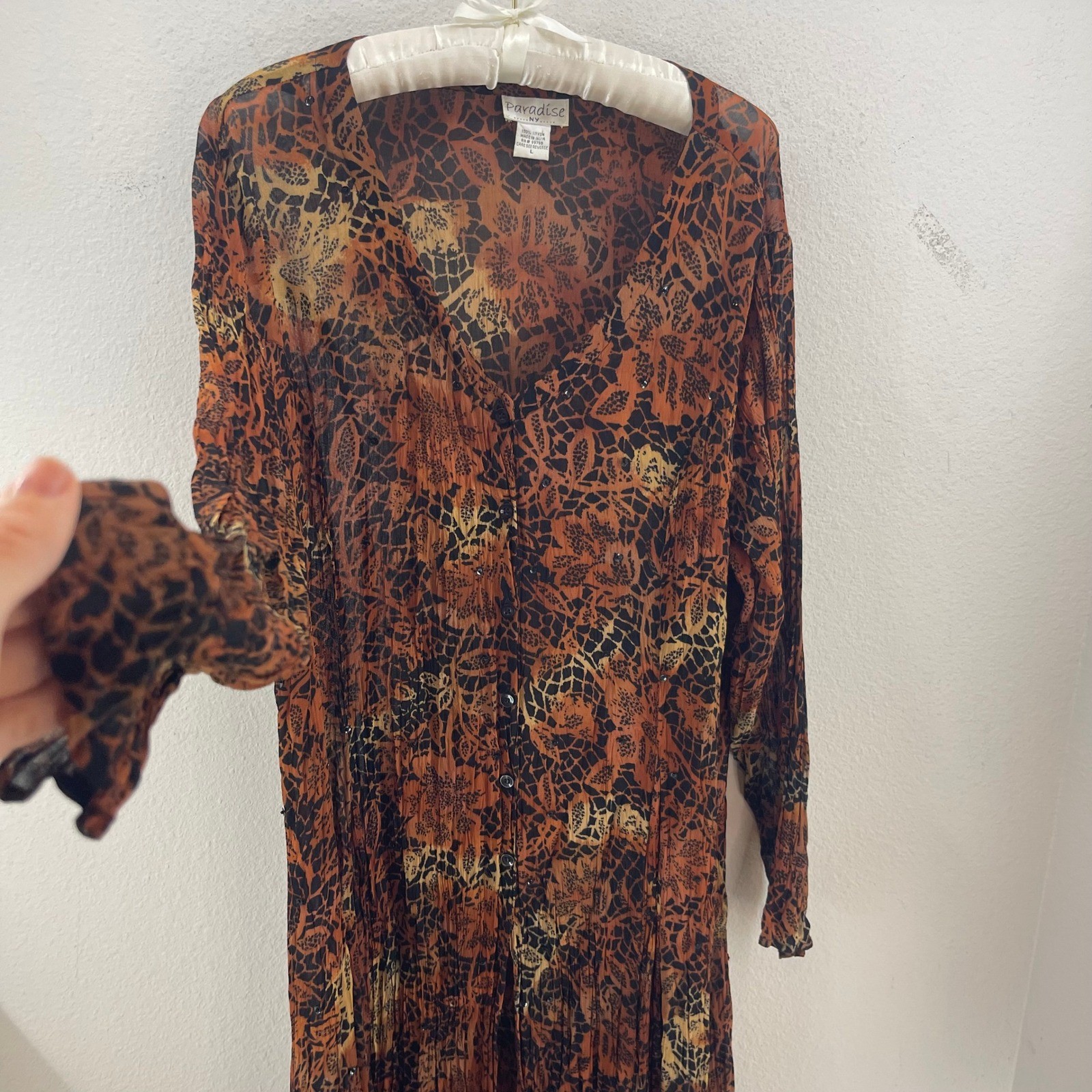 Boho Crinkle Duster Dress Womens L Brown Sequin Sheer Button Front 90s Festival