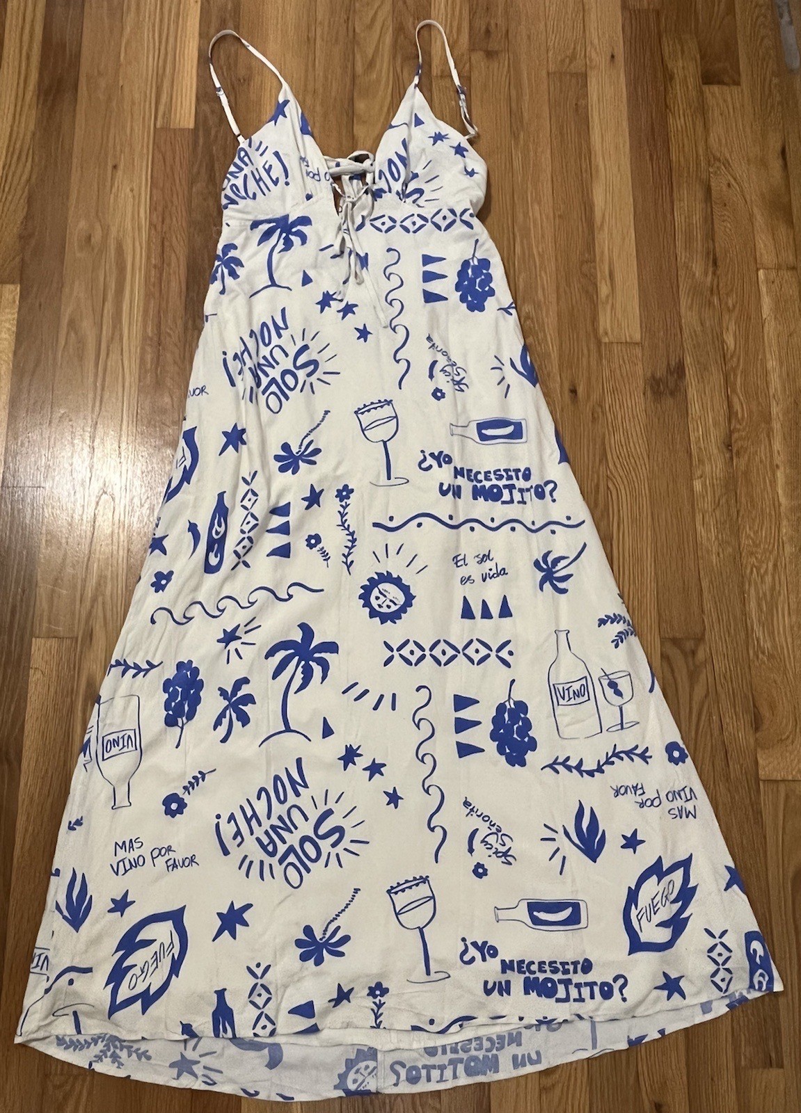 ANTHROPOLOGIE Paper Heart XL Maxi Dress Ivory Blue Spanish Wine Tie Back