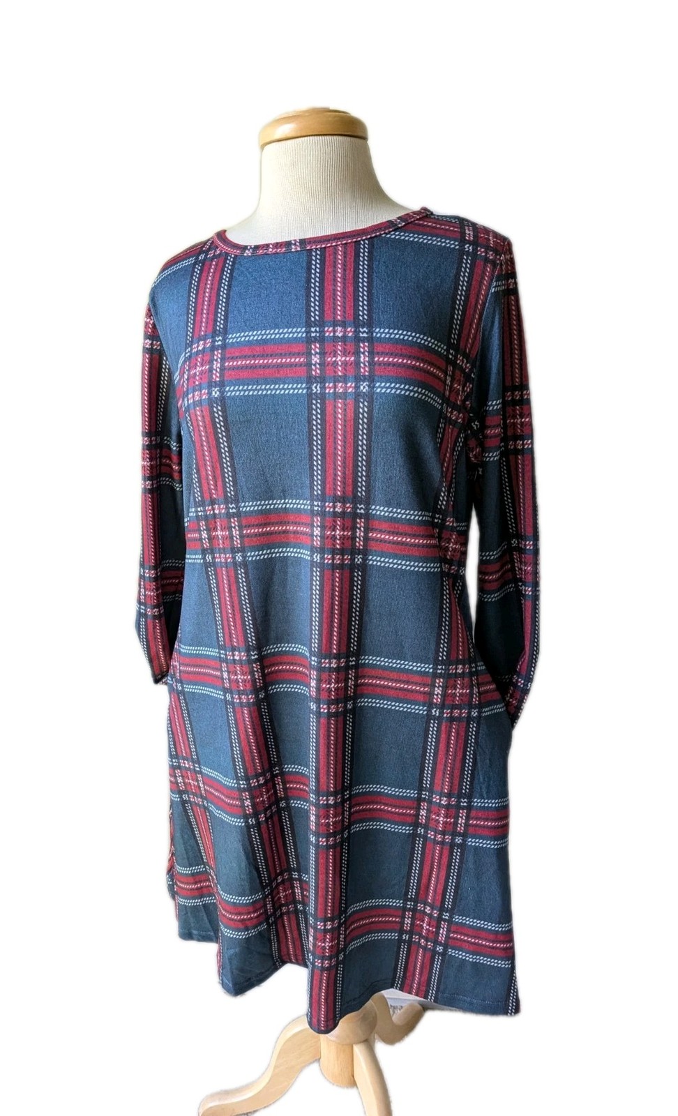 NWT Size L MIROL Holiday Christmas Pockets GREEN RED WHITE PLAID Mid Swing DRESS